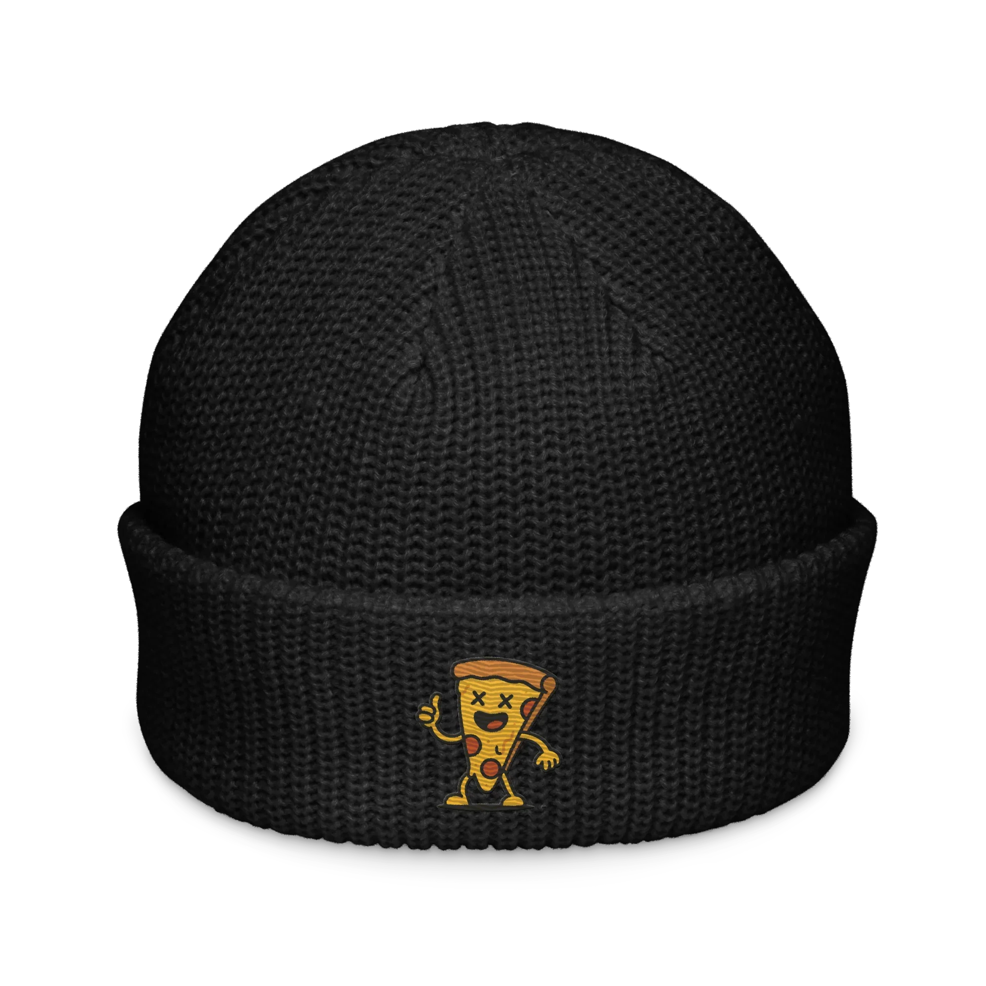 Gorro fisherman negro Doozy Headwear con bordado de pizza animada en el frente