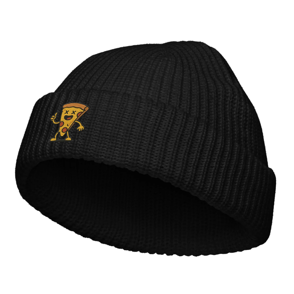 Gorro fisherman negro Doozy Headwear con bordado de pizza animada en la parte frontal