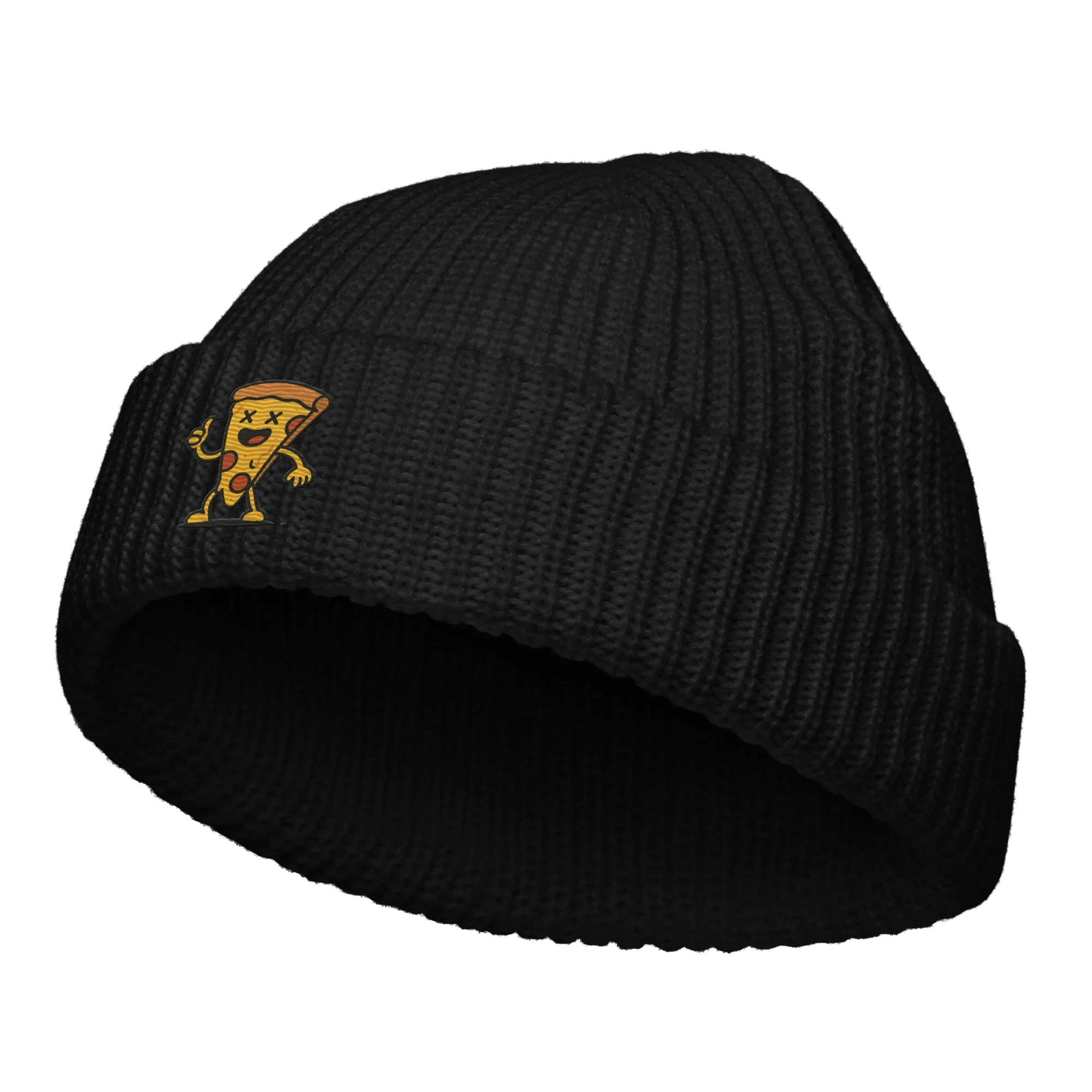 Gorro fisherman negro Doozy Headwear con bordado de pizza animada en la parte frontal