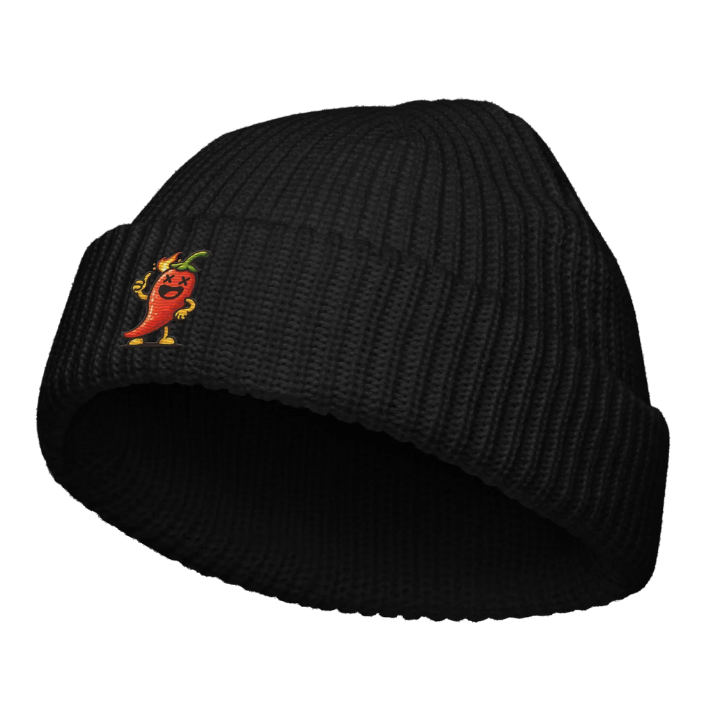 Gorro fisherman negro Doozy Headwear con bordado de chile rojo animado en el frente
