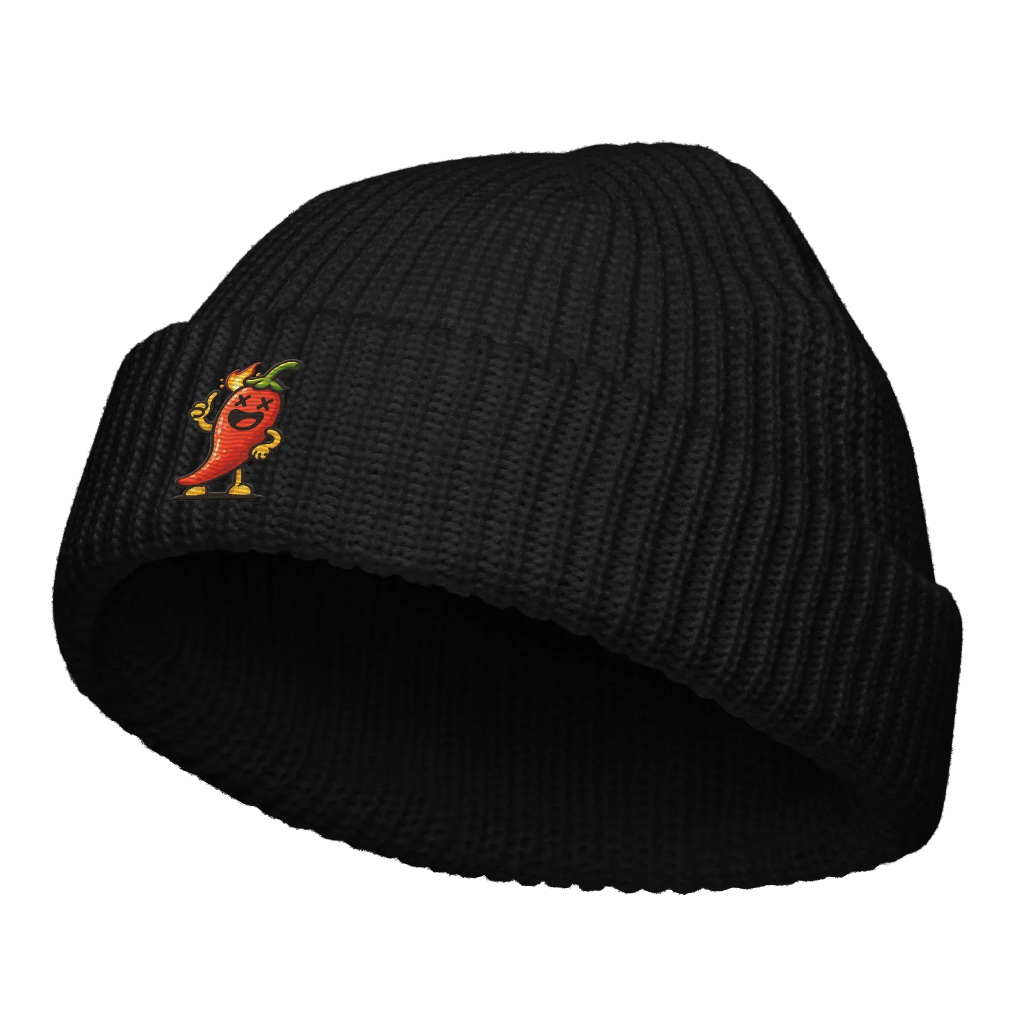 Gorro fisherman negro Doozy Headwear con bordado de chile rojo animado en el frente