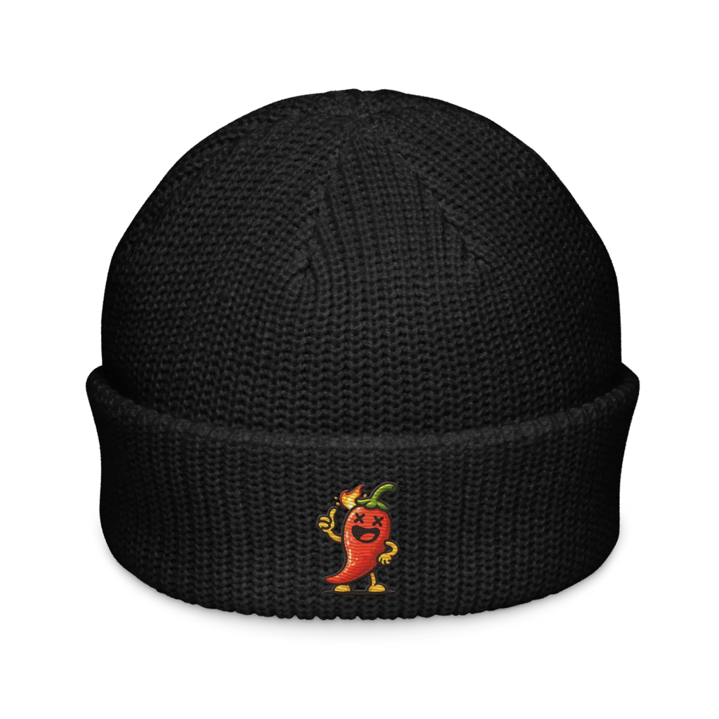 Gorro pescador negro Doozy Headwear con dibujo de chile animado bordado al frente