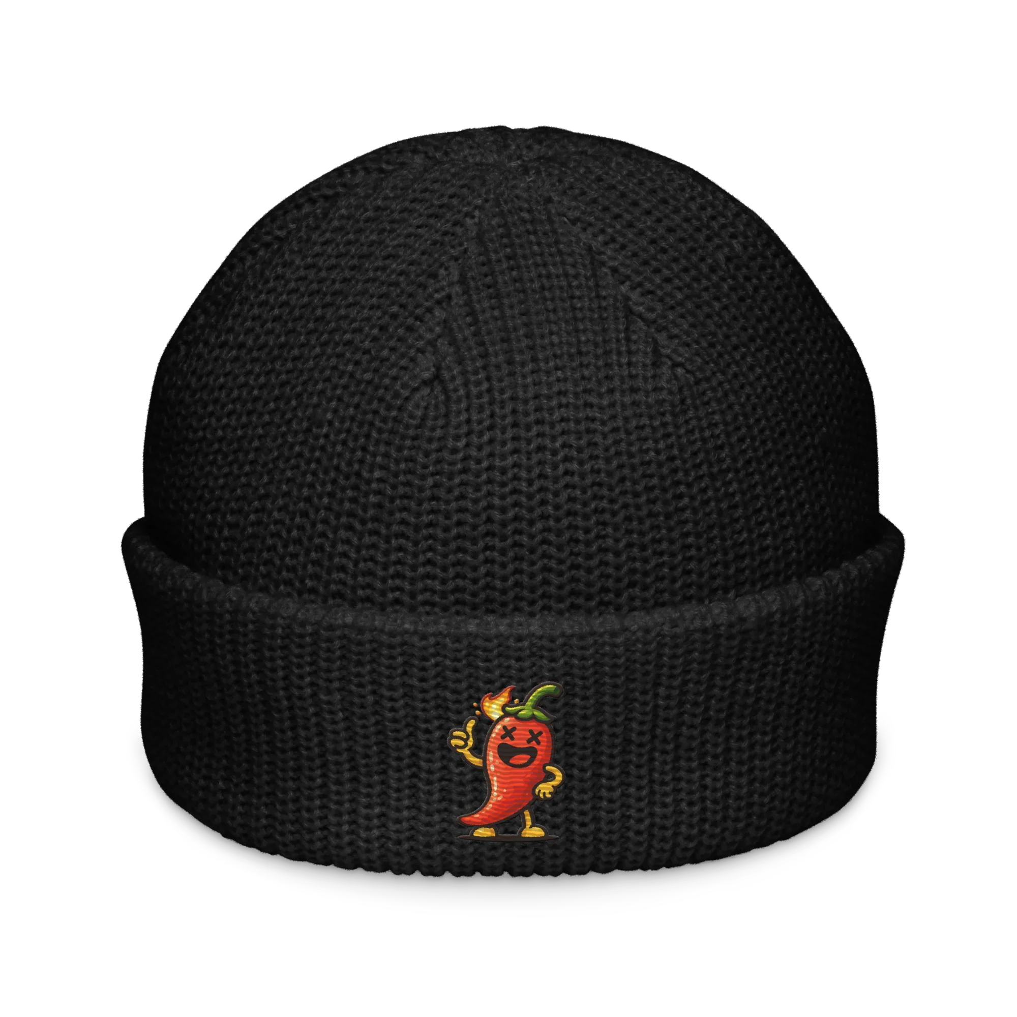 Gorro pescador negro Doozy Headwear con dibujo de chile animado bordado al frente