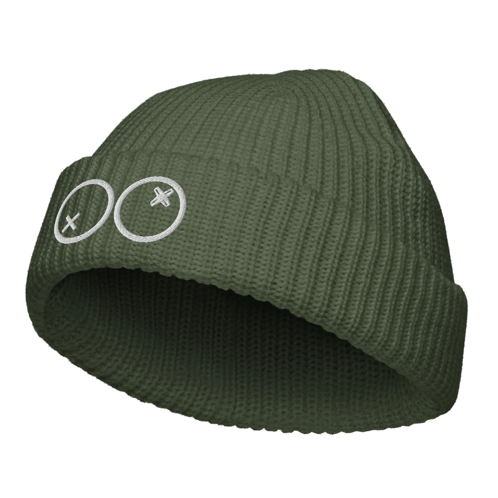 Gorro fisherman verde Doozy Headwear, tejido grueso y dos círculos bordados en el frente