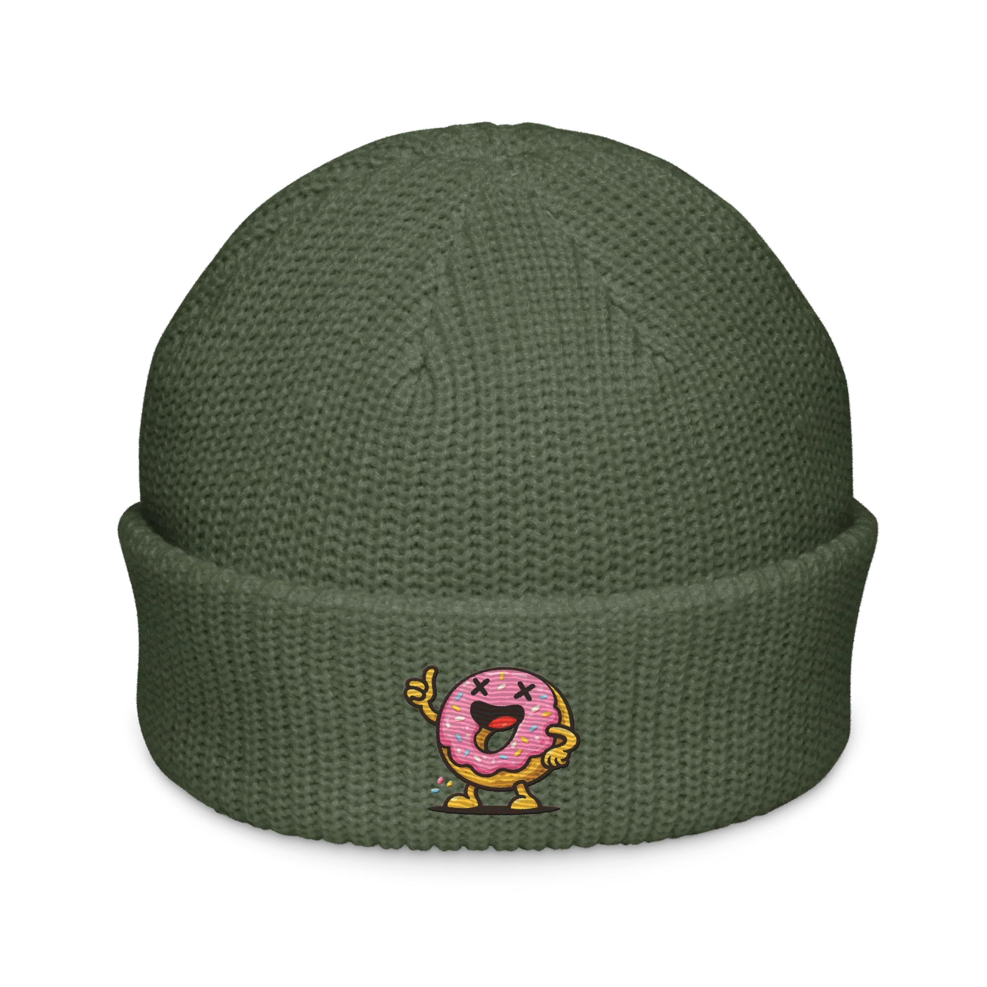 Gorro verde de punto Doozy Headwear con diseño de dona animada en el frente