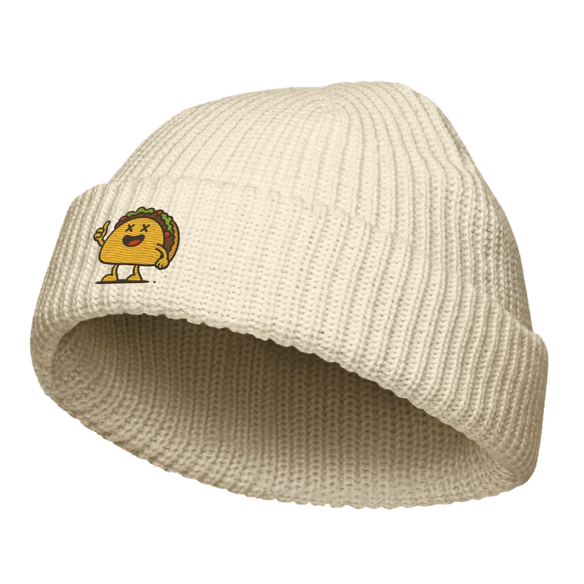 Gorro estilo fisherman ecru de Doozy Headwear, con dibujo de taco animado en el frente.