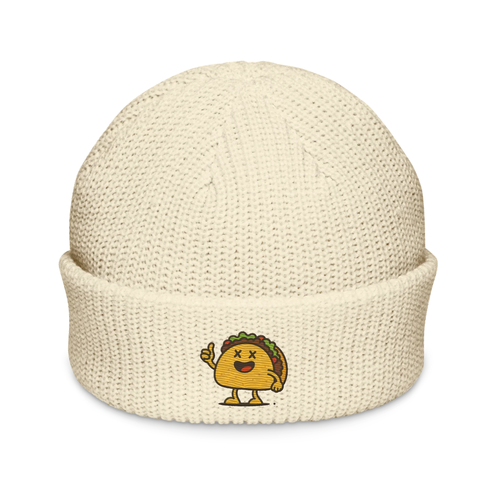 Gorro fisherman ecru tejido de Doozy Headwear con dibujo de taco animado en la parte frontal.
