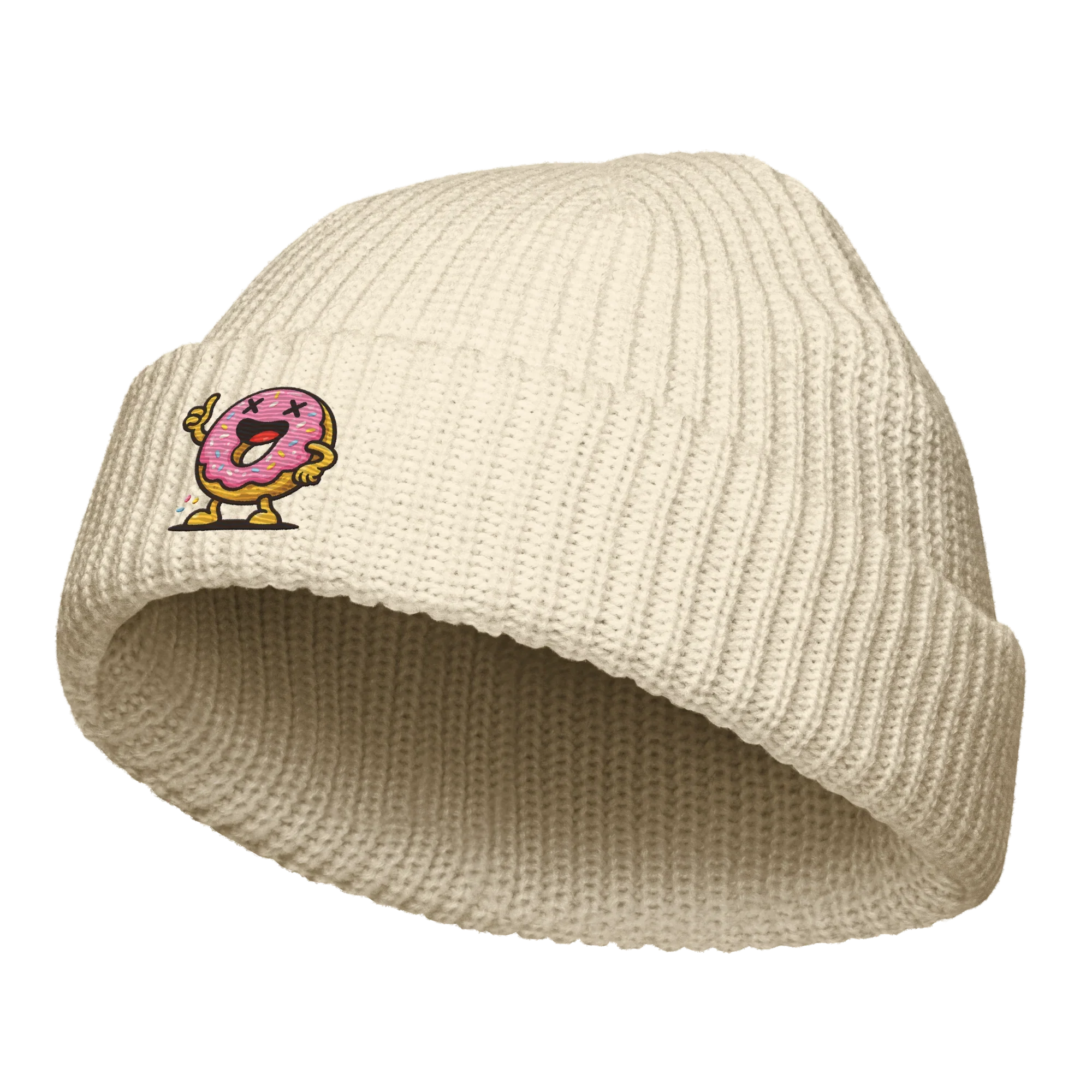 Gorro fisherman ecru de Doozy Headwear con dibujo de dona rosa bordada en el frente