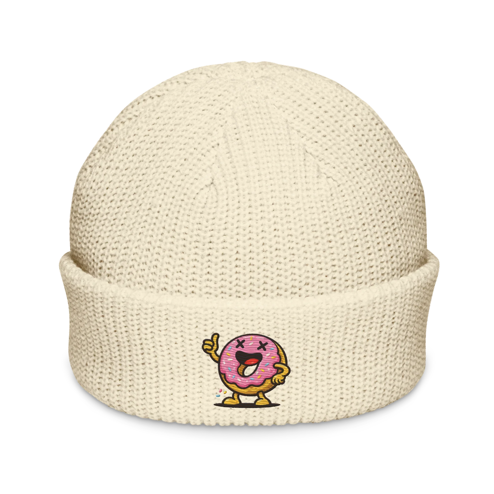 Gorro de pescador color crudo Doozy Headwear con dibujo de dona rosa animada al frente