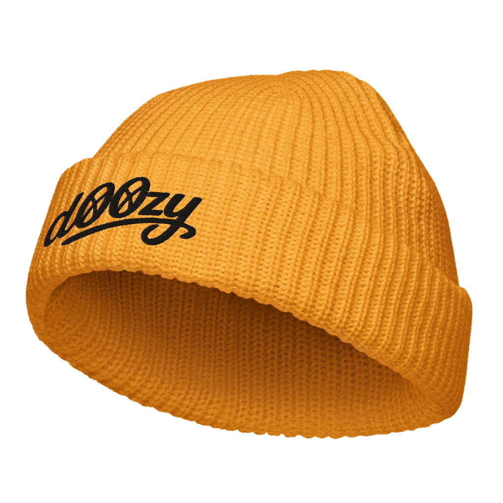 Gorro pescador amarillo de punto con logo dOOzy Headwear en negro, tienda oficial