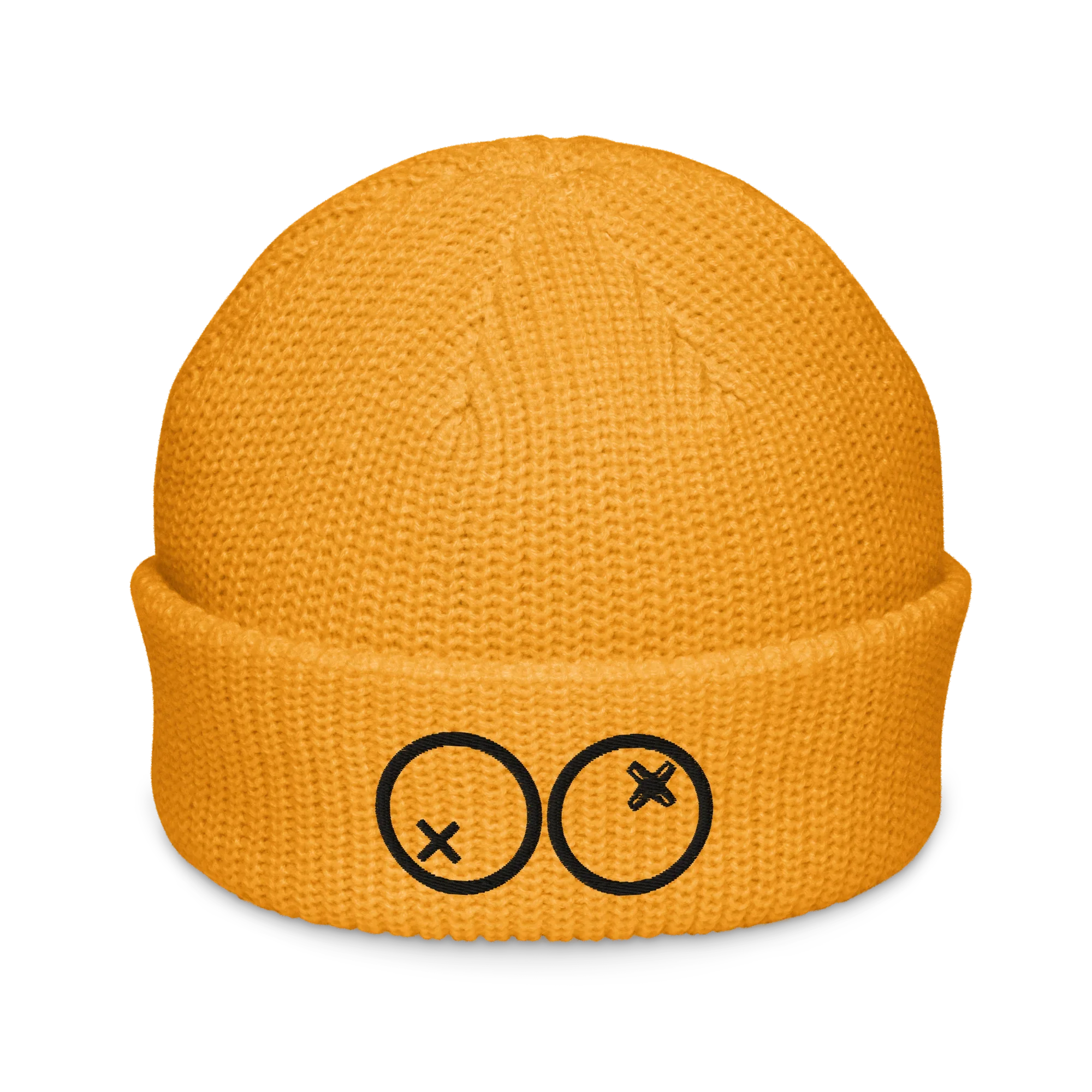 Gorro pescador amarillo Doozy Headwear con diseño de dos círculos y equis en el frente