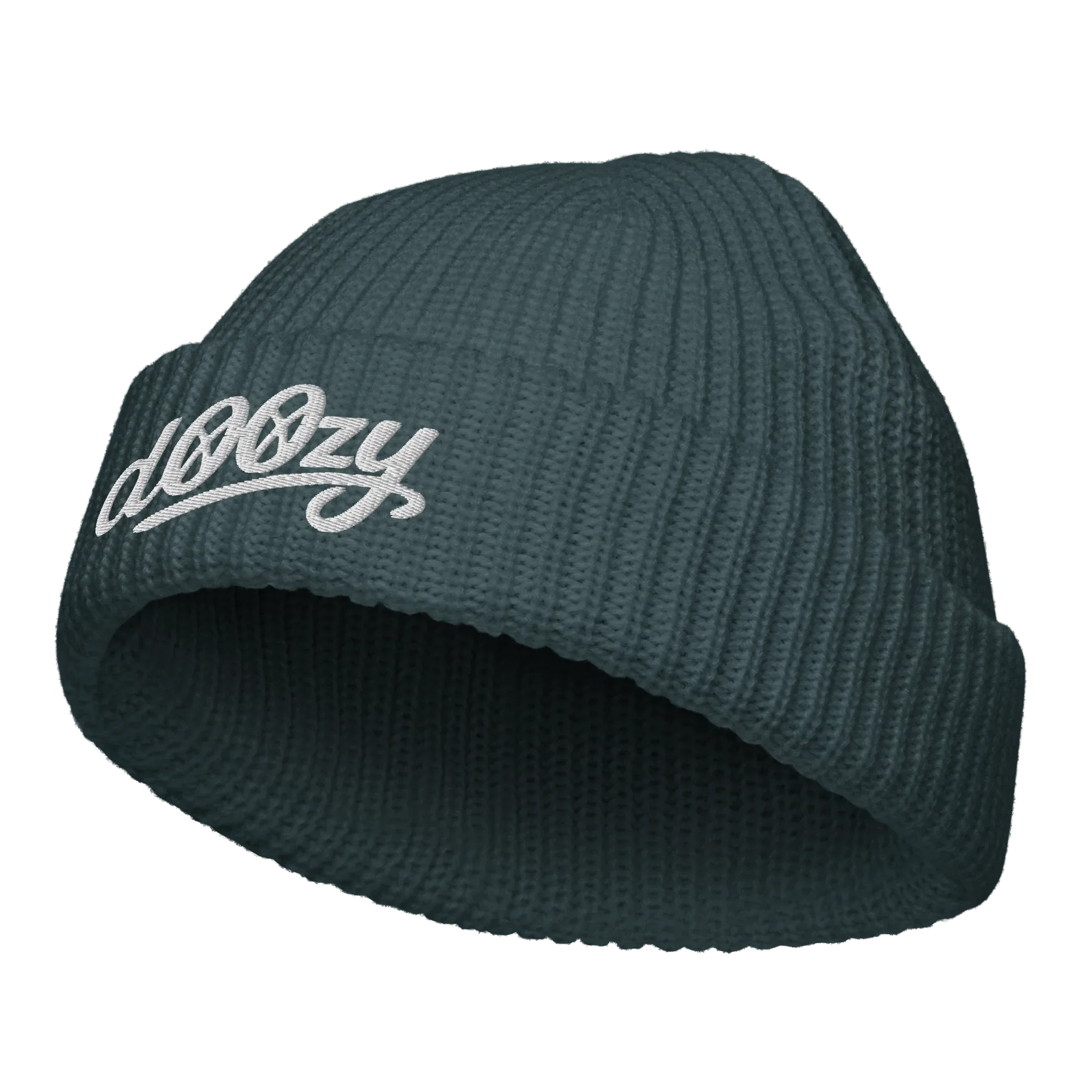 Gorro beanie azul petróleo Doozy Headwear con logo bordado, estilo pescador.