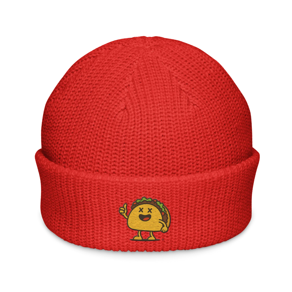Gorro fisherman rojo Doozy Headwear con bordado de taco sonriente al frente