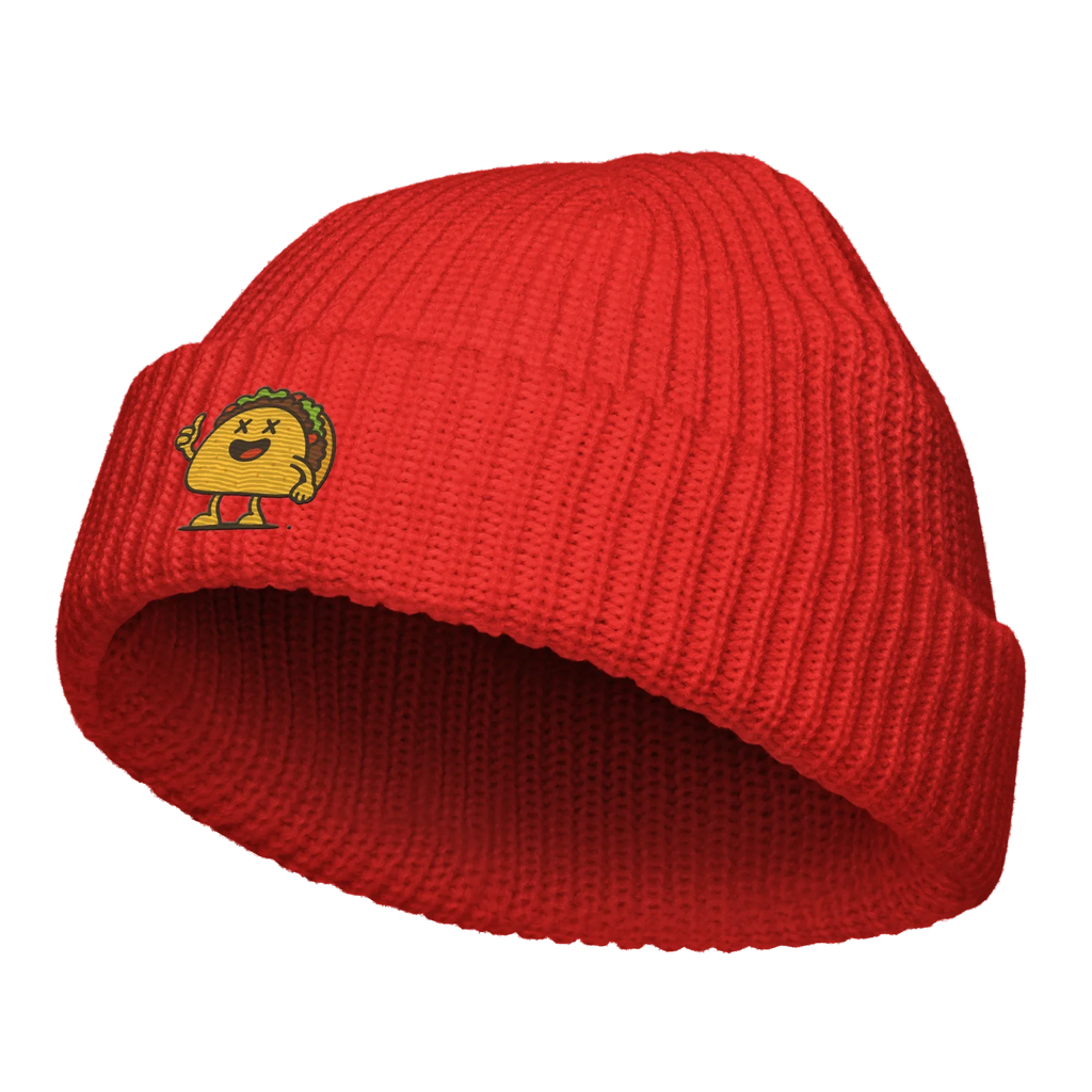 Gorro pescador rojo Doozy Headwear con parche de taco animado en el frente