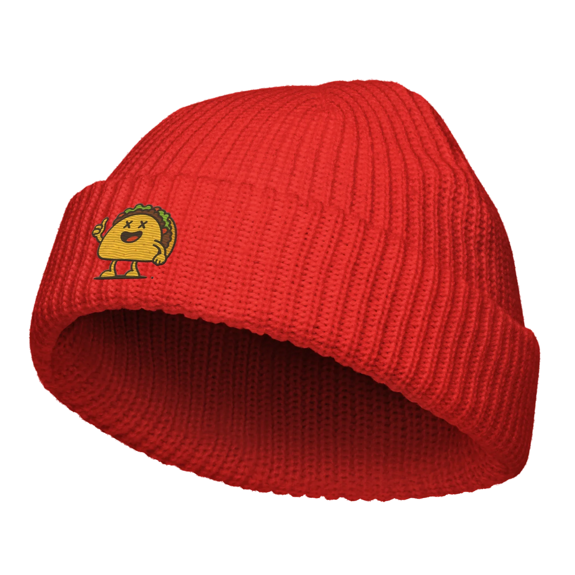 Gorro pescador rojo Doozy Headwear con parche de taco animado en el frente