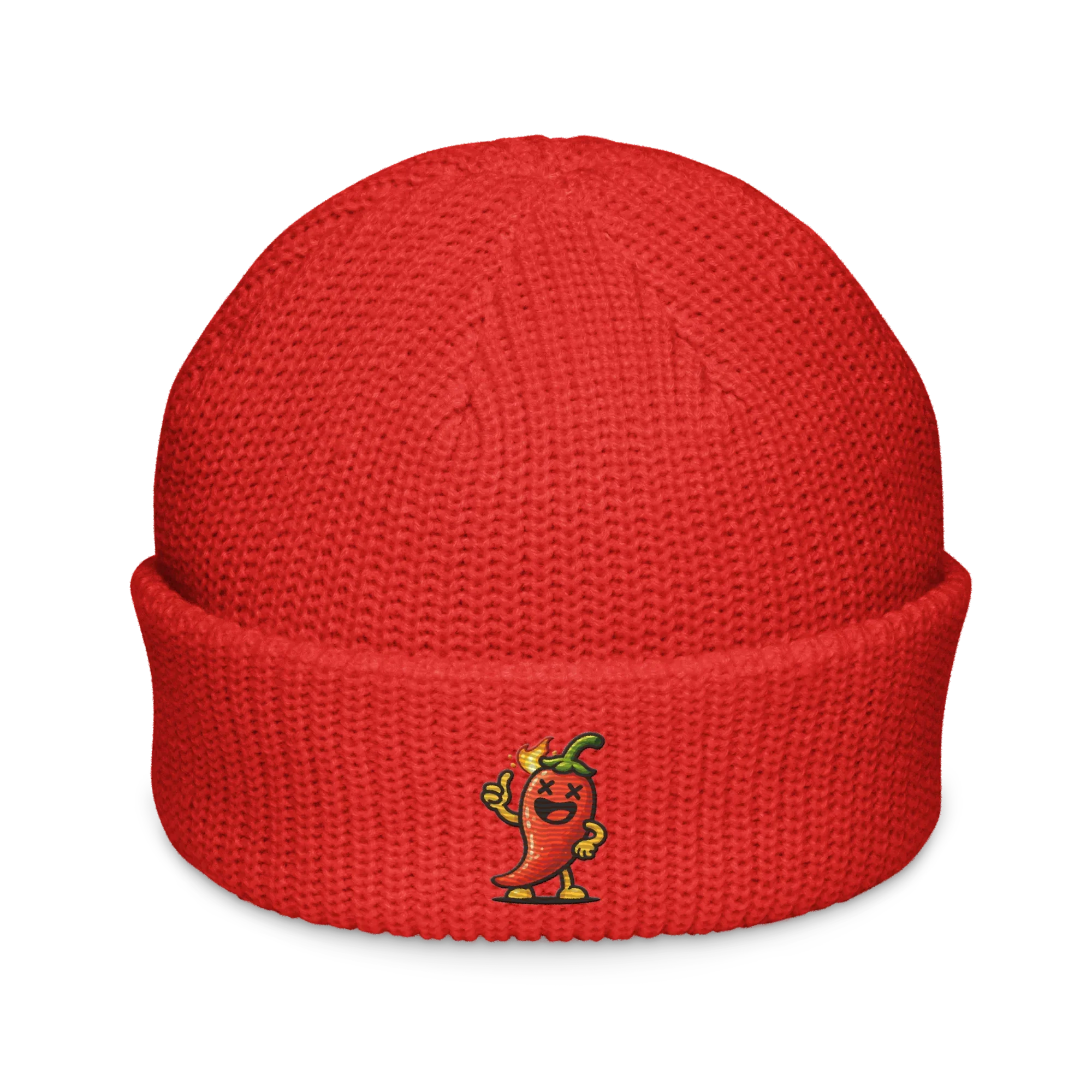 Gorro tipo fisherman rojo Doozy Headwear con bordado de chile caricaturesco en el frente