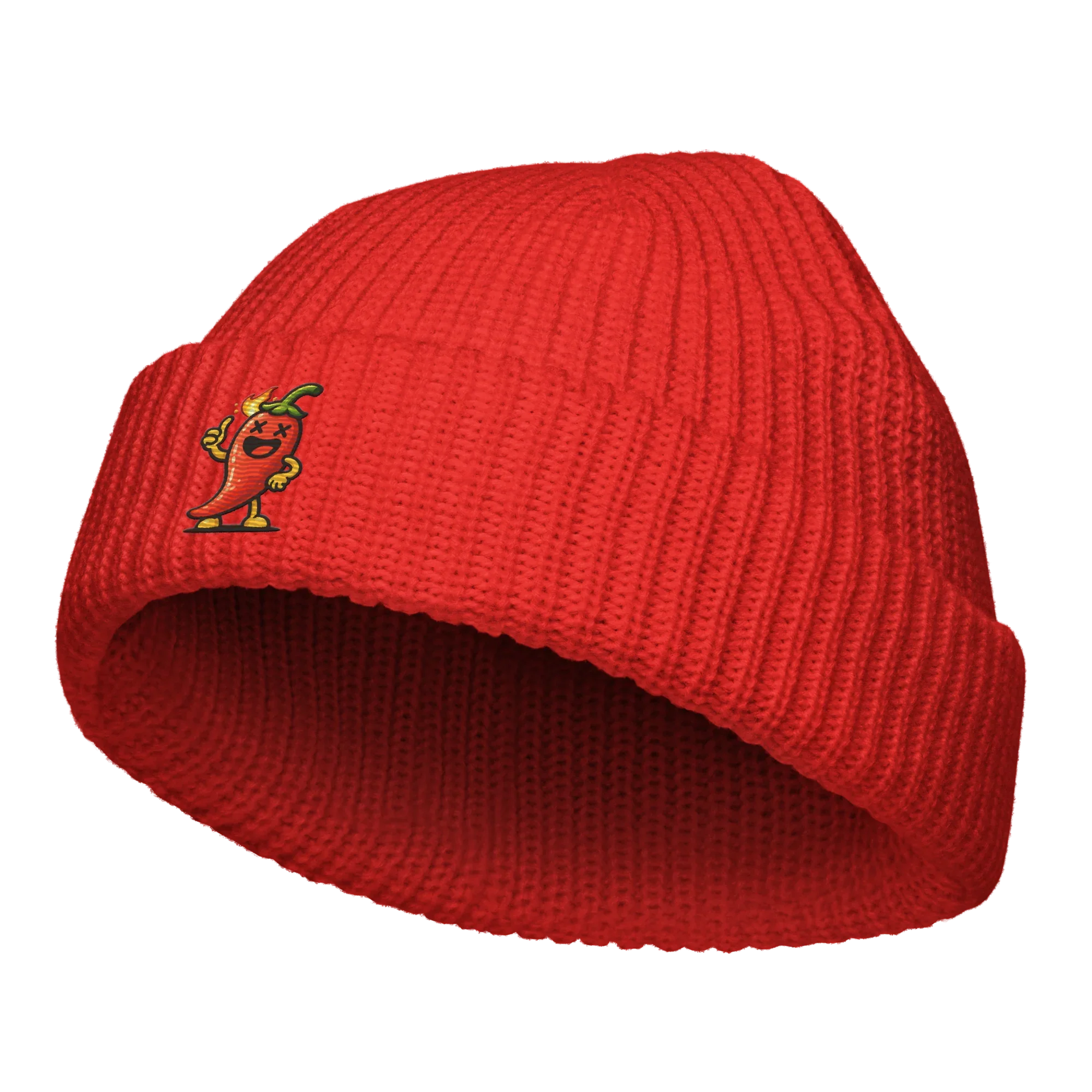 Gorro tipo beanie rojo Doozy Headwear con bordado de chile animado en la parte frontal