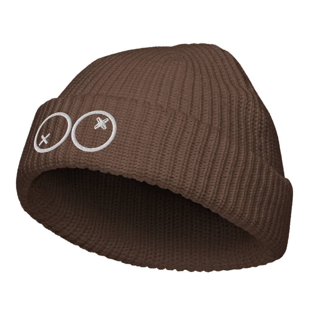 Gorro pescador marrón Doozy Headwear con bordado blanco, diseño moderno y tejido grueso