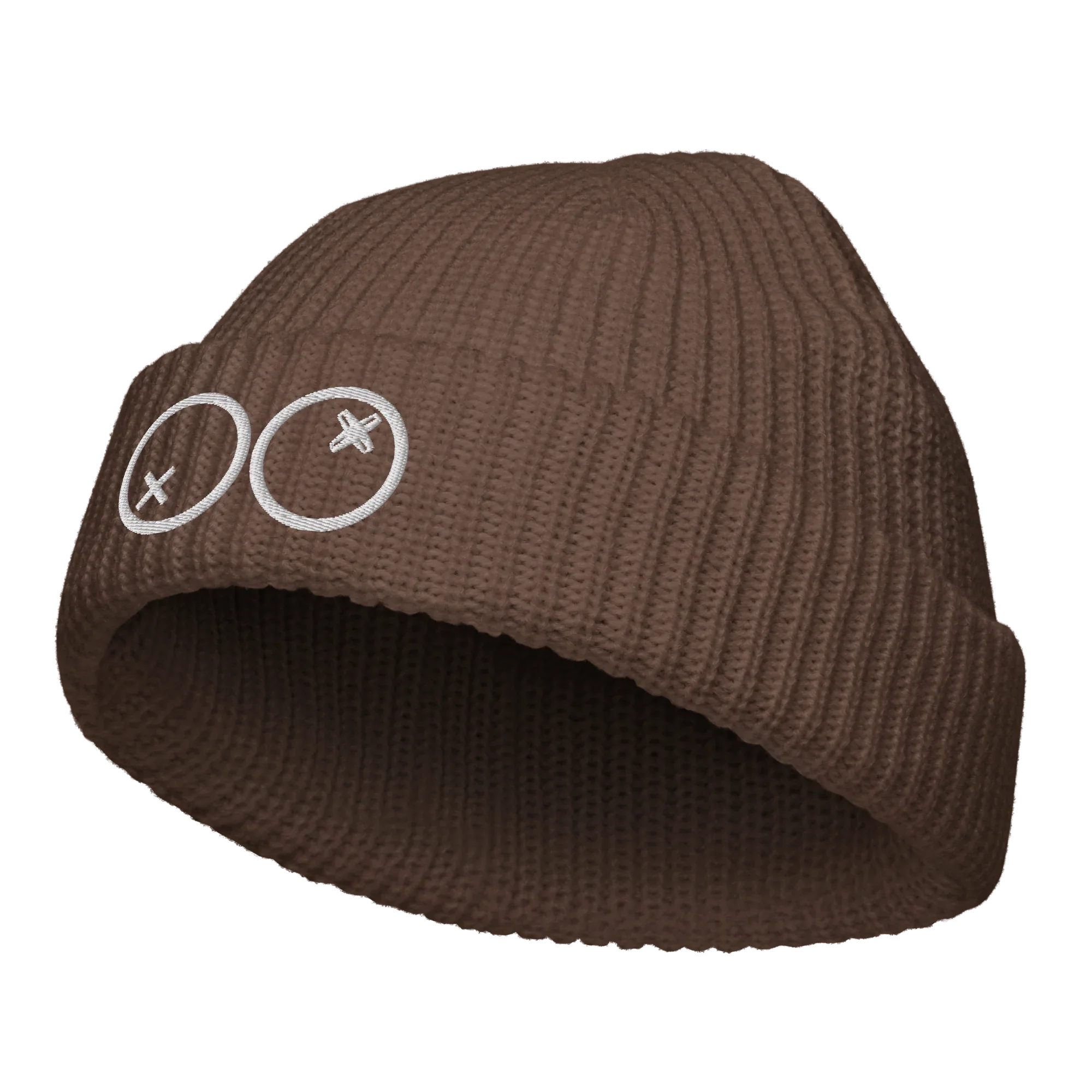 Gorro pescador marrón Doozy Headwear con bordado blanco, diseño moderno y tejido grueso