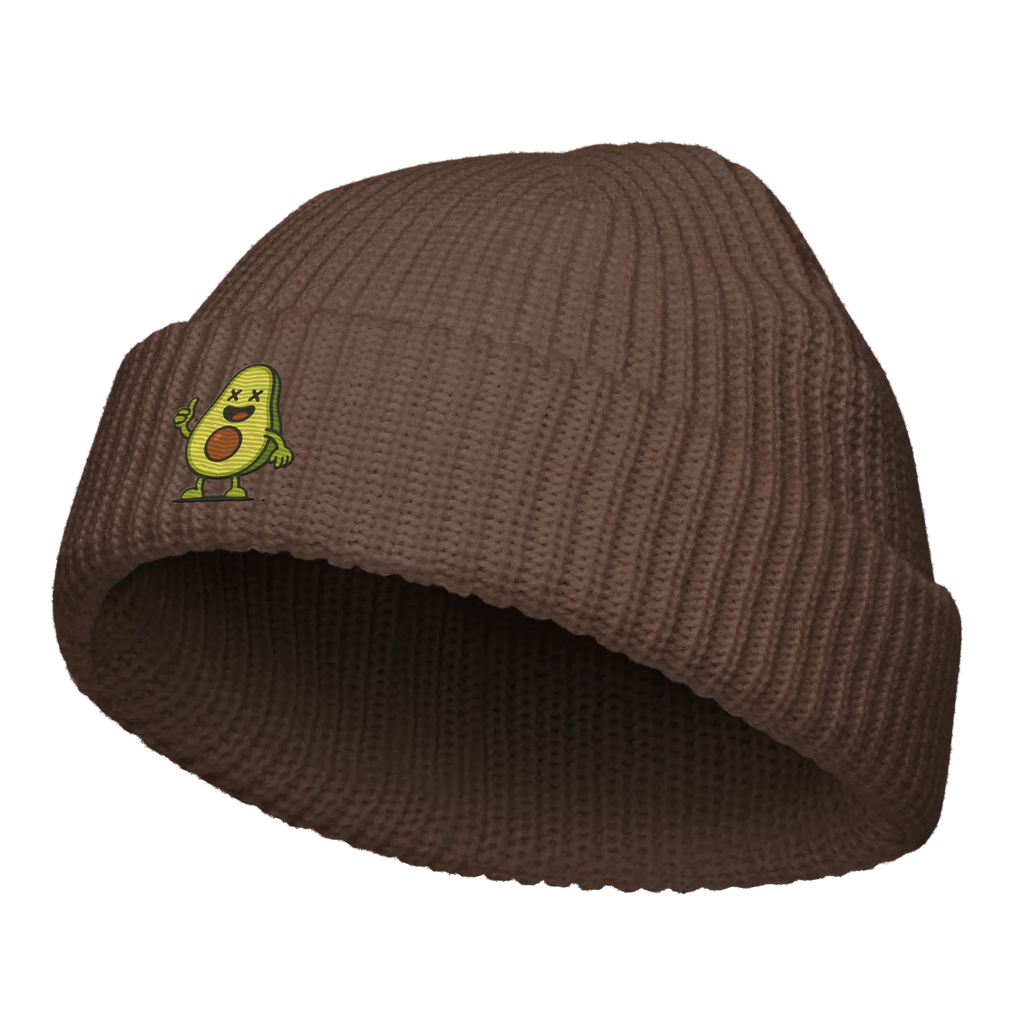Gorro fisherman marrón Doozy Headwear con dibujo de aguacate animado en el frente