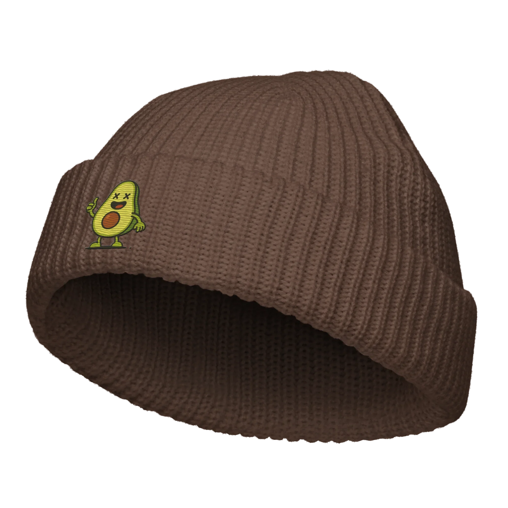 Gorro fisherman marrón Doozy Headwear con dibujo de aguacate animado en el frente