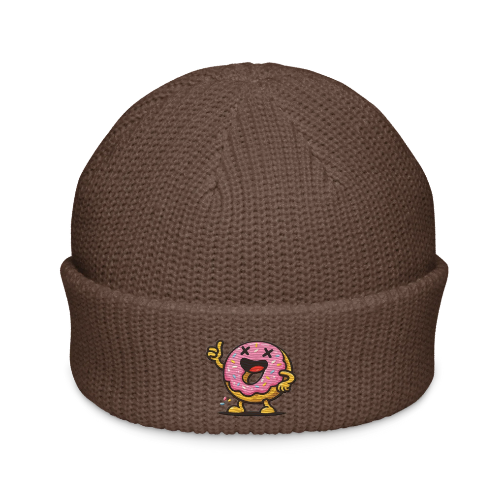 Gorro tipo fisherman walnut de Doozy Headwear con dibujo de dona rosa animada en el frente.