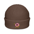 Gorro tipo fisherman walnut de Doozy Headwear con dibujo de dona rosa animada en el frente.
