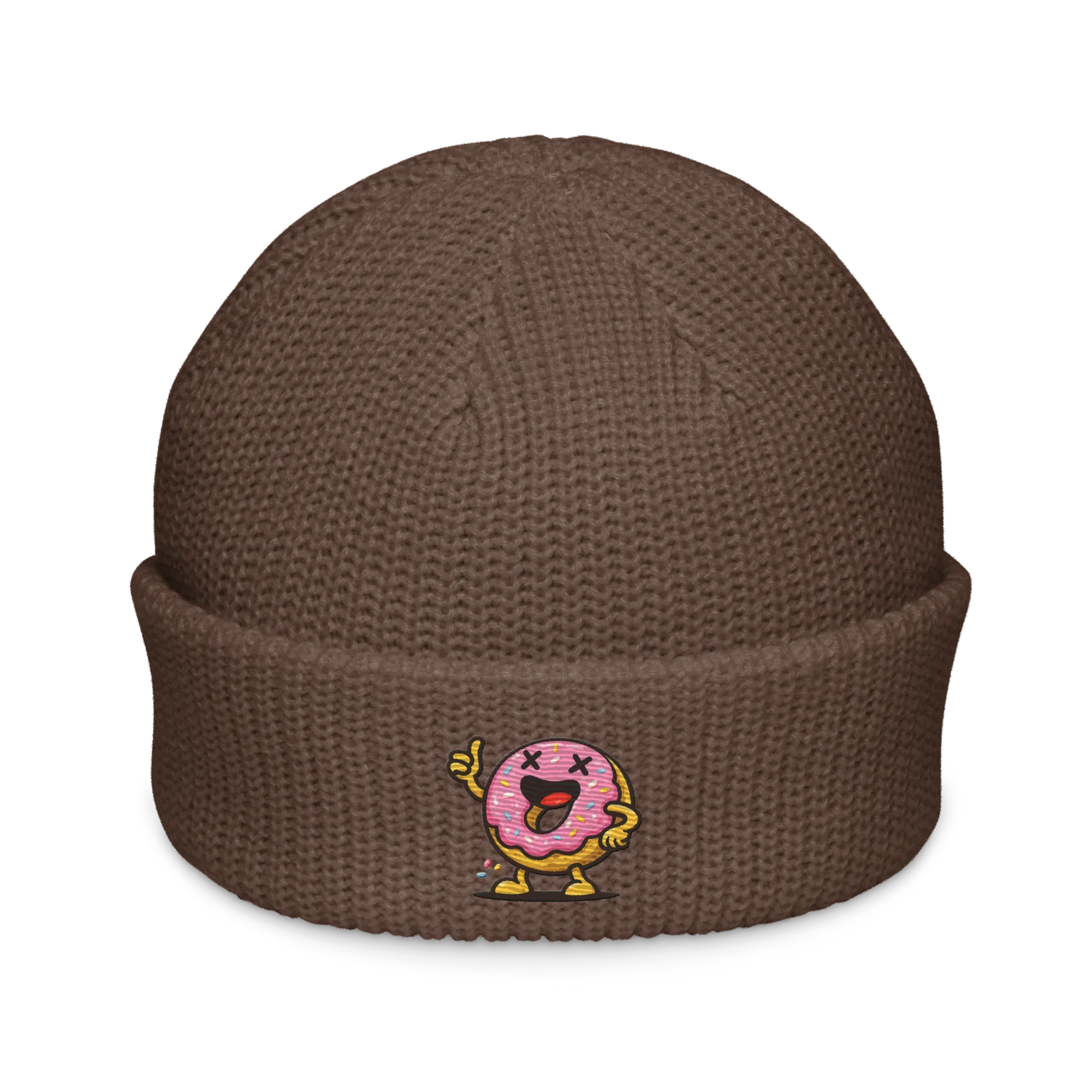 Gorro tipo fisherman walnut de Doozy Headwear con dibujo de dona rosa animada en el frente.