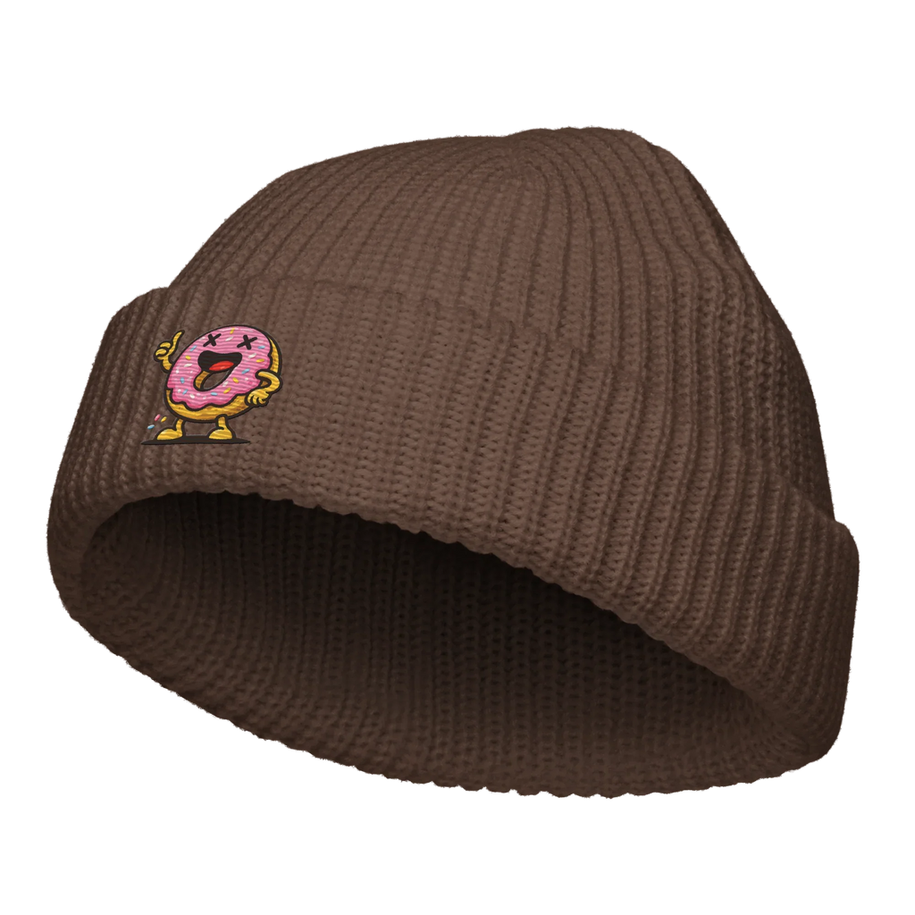 Gorro pescador marrón Doozy Headwear con parche de donut rosa animado en el frente