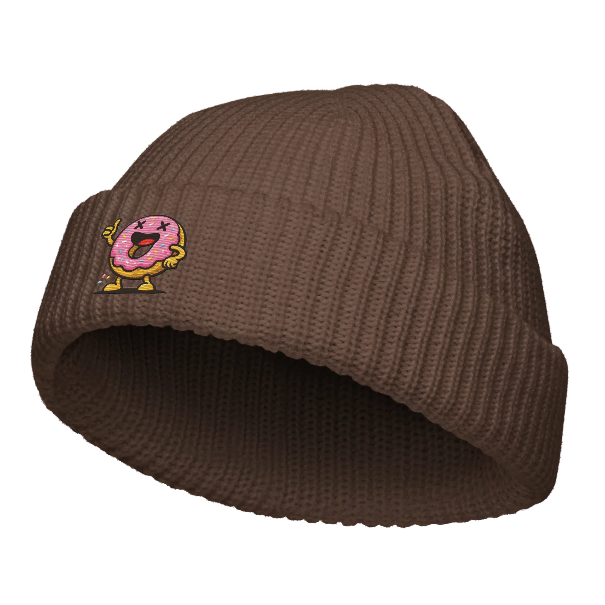 Gorro pescador marrón Doozy Headwear con parche de donut rosa animado en el frente