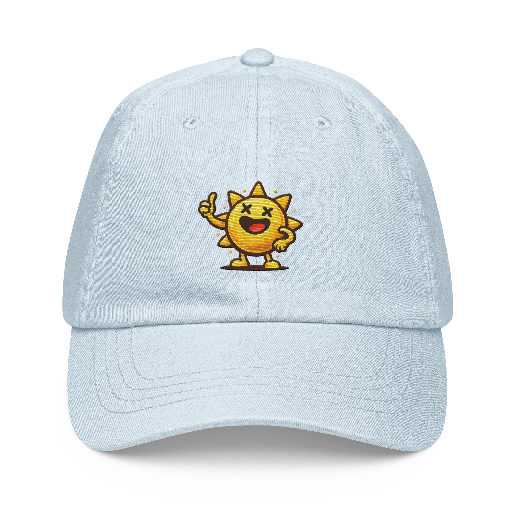 Gorra azul pastel Doozy Headwear con sol amarillo sonriente bordado en el frente.