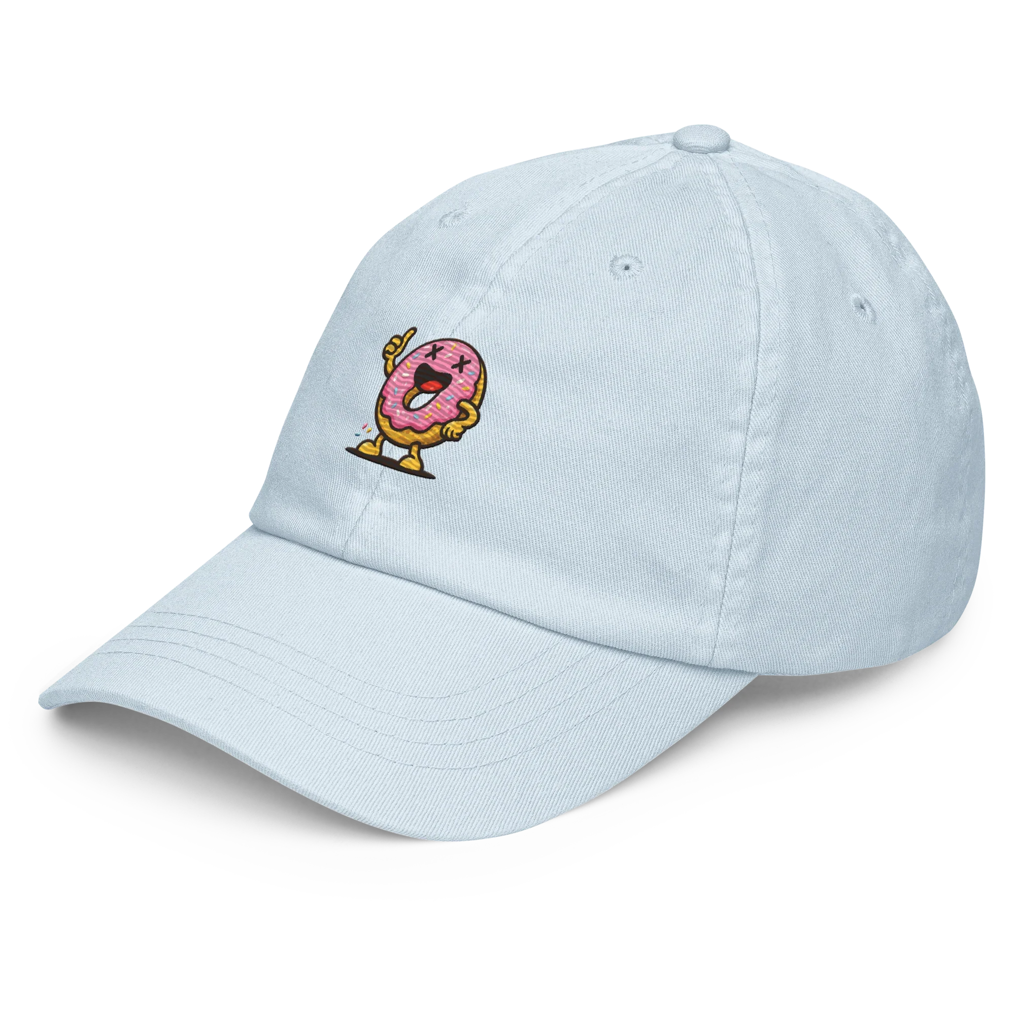 Gorra pastel azul Doozy Headwear con bordado de dona rosa caricaturesca en el frente