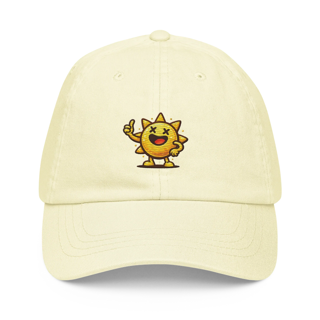 Gorra pastel amarilla Doozy Headwear con sol animado bordado al frente