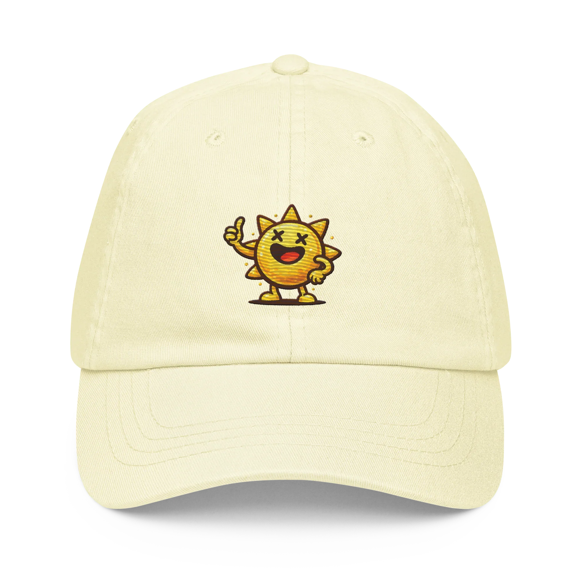 Gorra pastel amarilla Doozy Headwear con sol animado bordado al frente