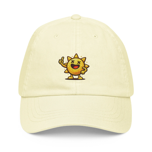 Gorra pastel amarilla Doozy Headwear con sol animado bordado al frente
