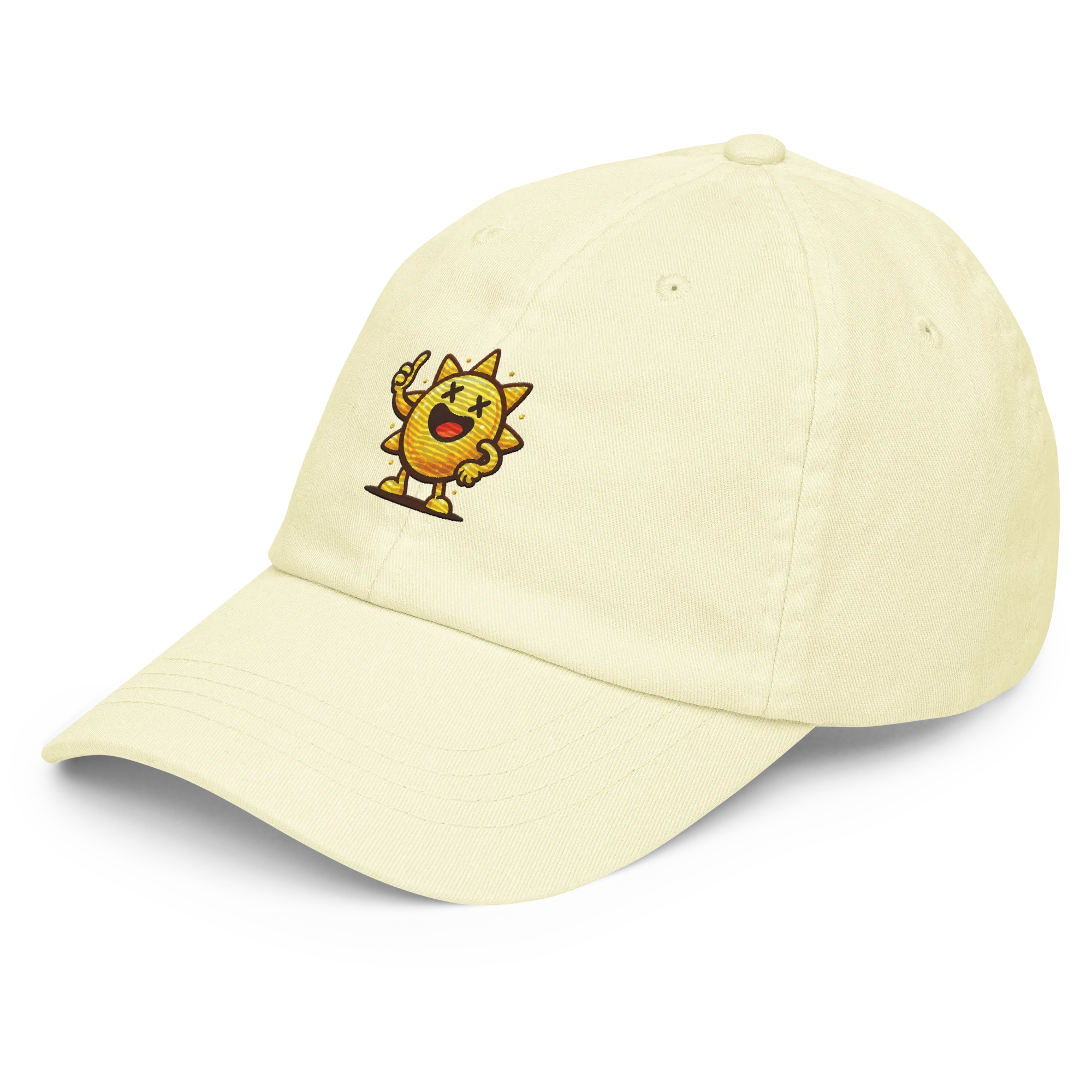 Gorra pastel amarilla Doozy Headwear con bordado de sol sonriente animado en el frente