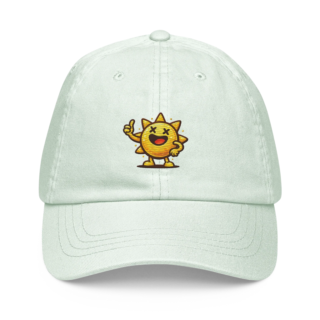 Gorra pastel menta Doozy Headwear con sol sonriente bordado, estilo casual urbano.