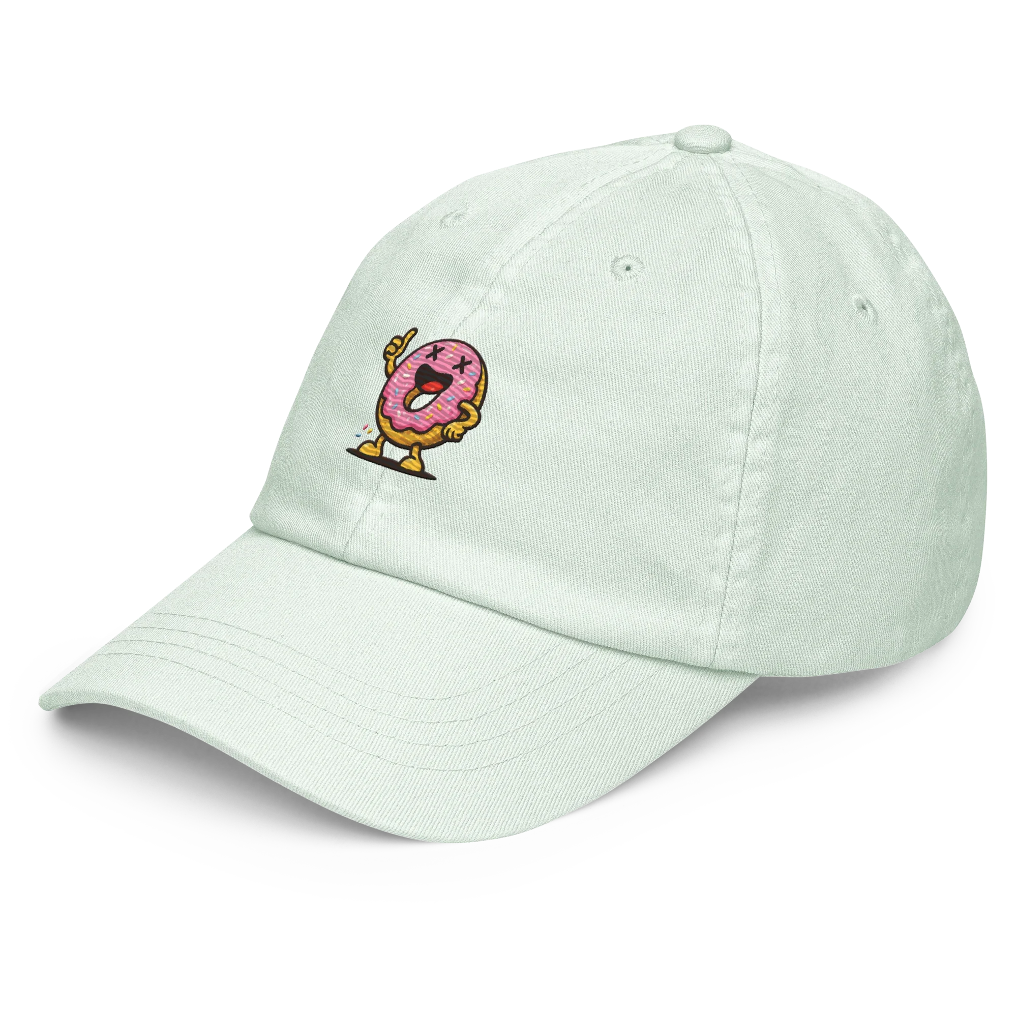 Gorra estilo baseball Doozy Headwear verde menta pastel con dibujo de dona animada