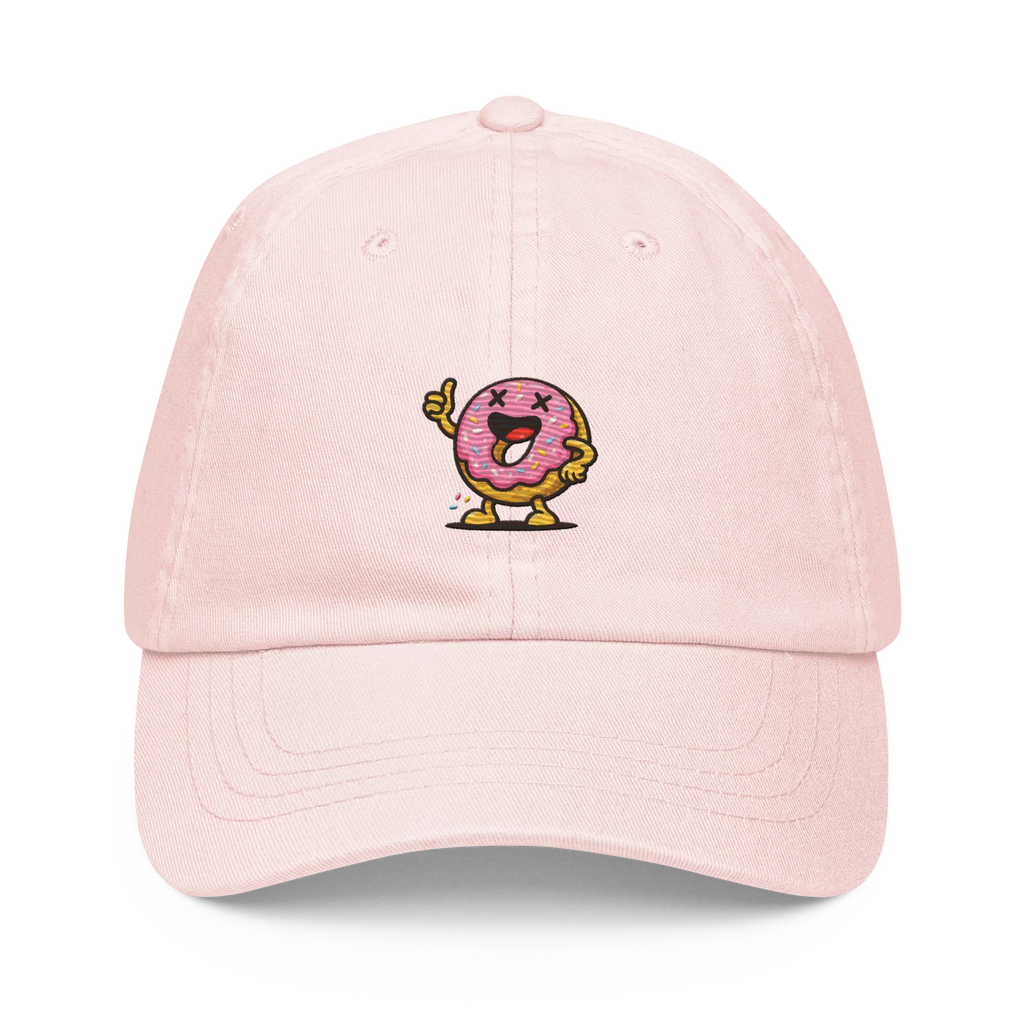 Gorra pastel rosa Doozy Headwear con dibujo de dona sonriente bordado al frente