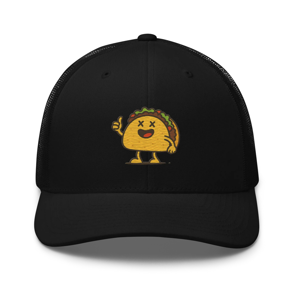 Gorra trucker negra Doozy Headwear con dibujo de taco animado al frente, fondo negro.