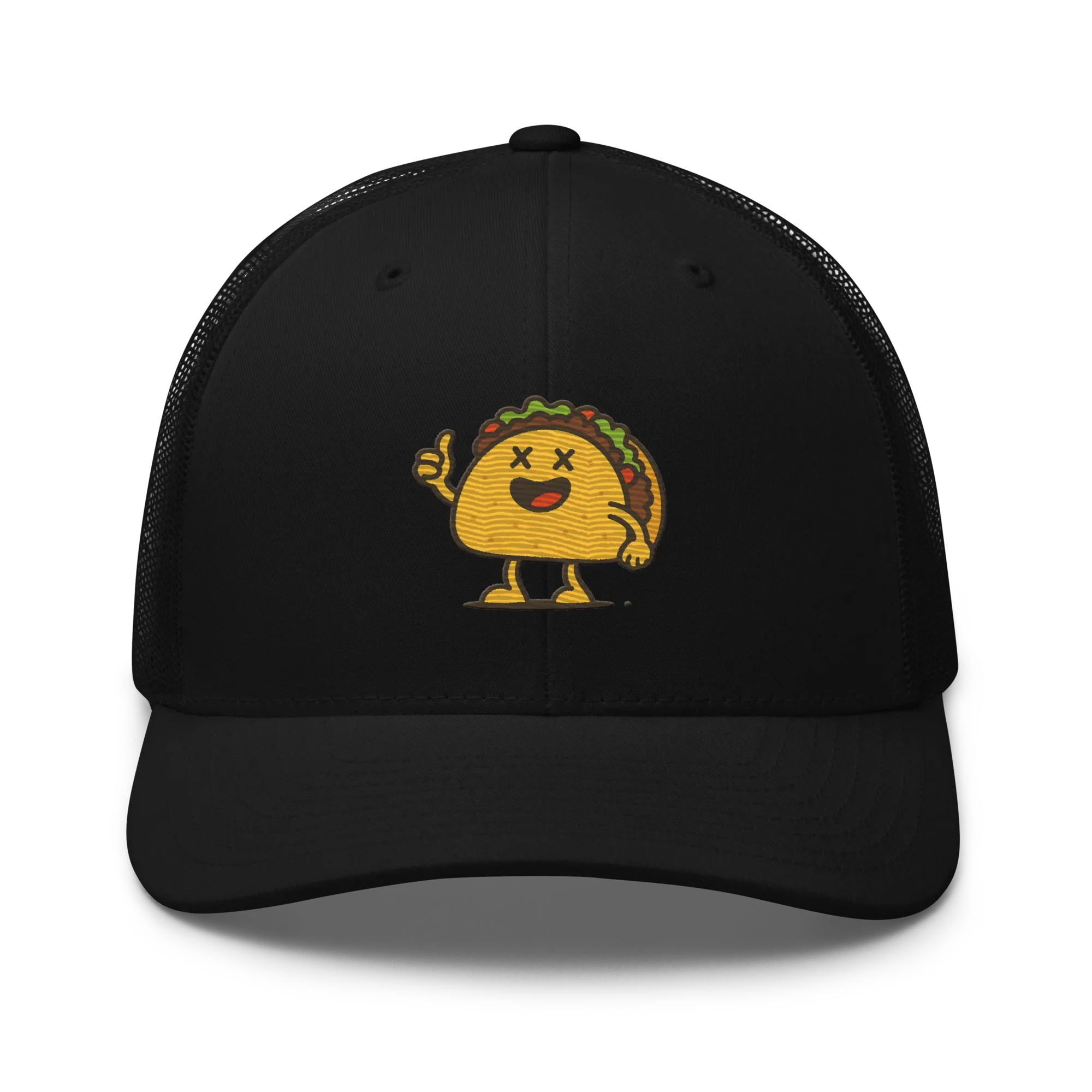 Gorra trucker negra Doozy Headwear con dibujo de taco animado al frente, fondo negro.