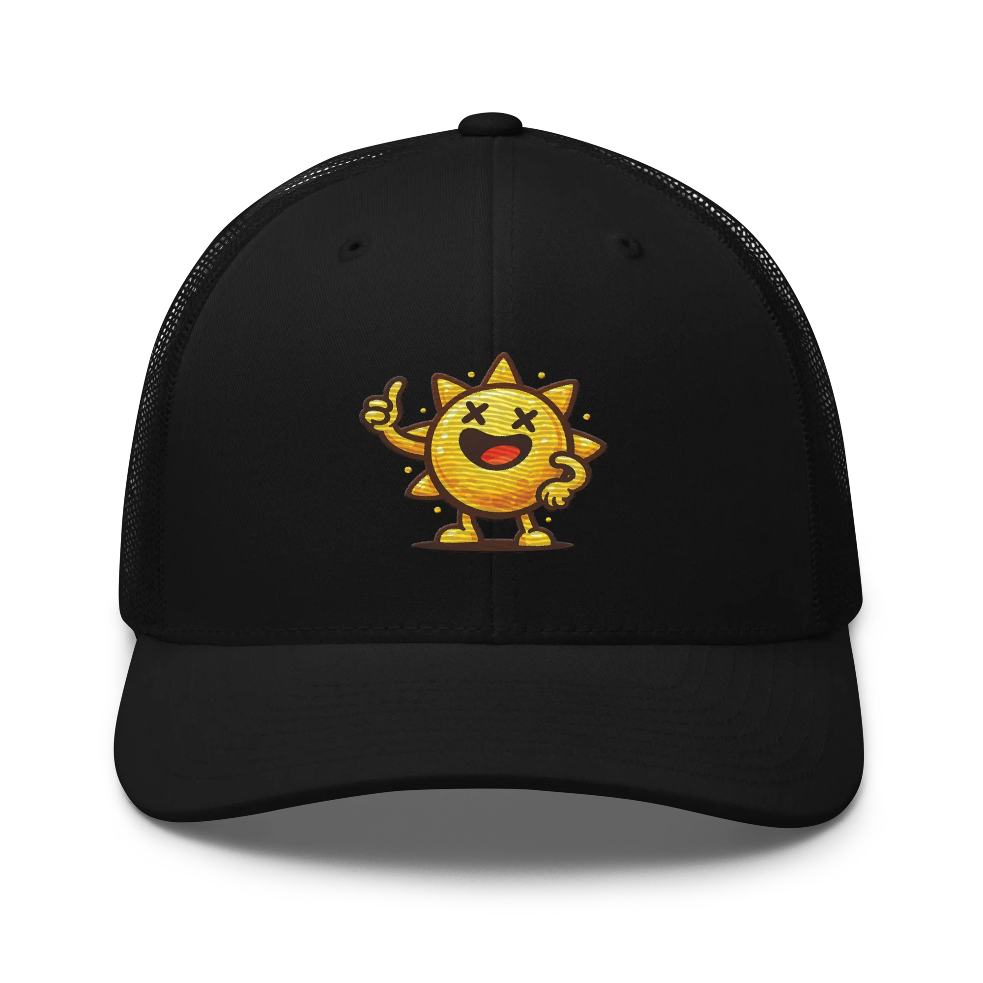 Gorra trucker negra Doozy Headwear con sol sonriente bordado en el frente