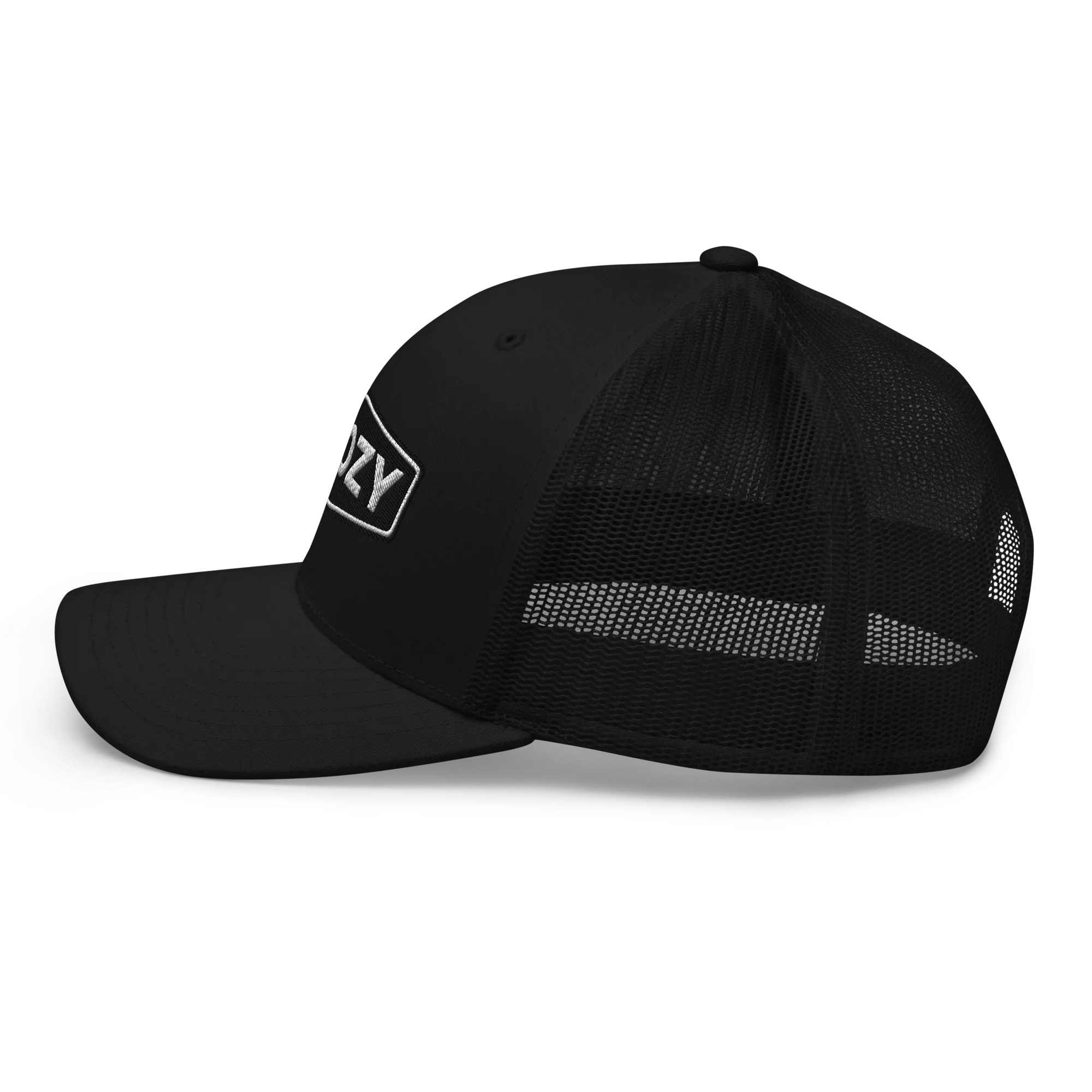 Gorra trucker negra retro Doozy Headwear con malla lateral y logo bordado en blanco