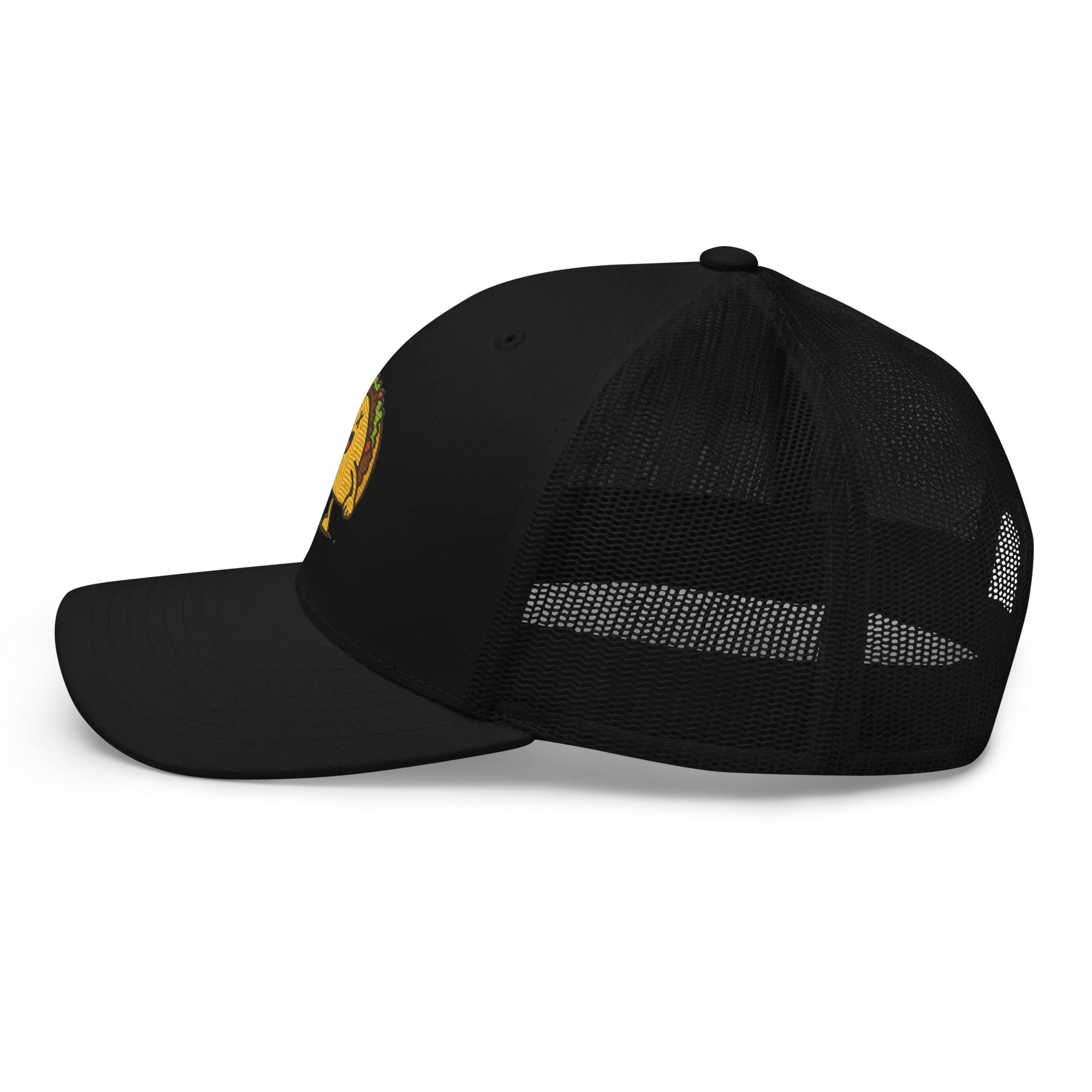Gorra trucker negra retro Doozy Headwear con malla lateral y logo bordado en el frente