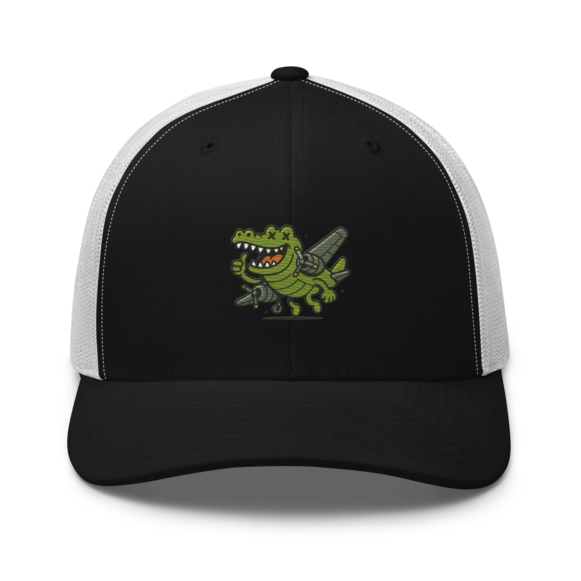 Gorra retro trucker Doozy Headwear negra y blanca con bordado de cocodrilo caricaturesco