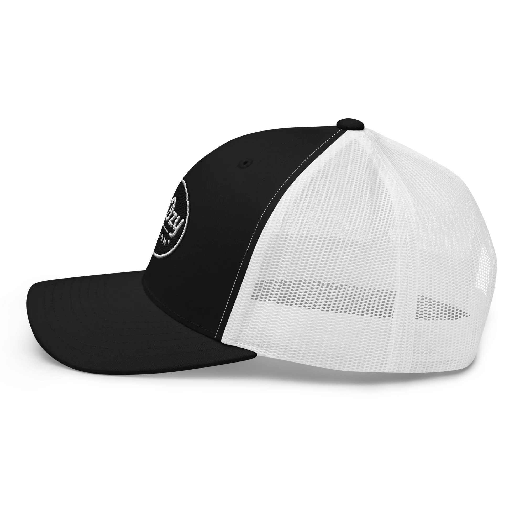 Gorra trucker retro Doozy Headwear negra y blanca con malla, vista lateral izquierda