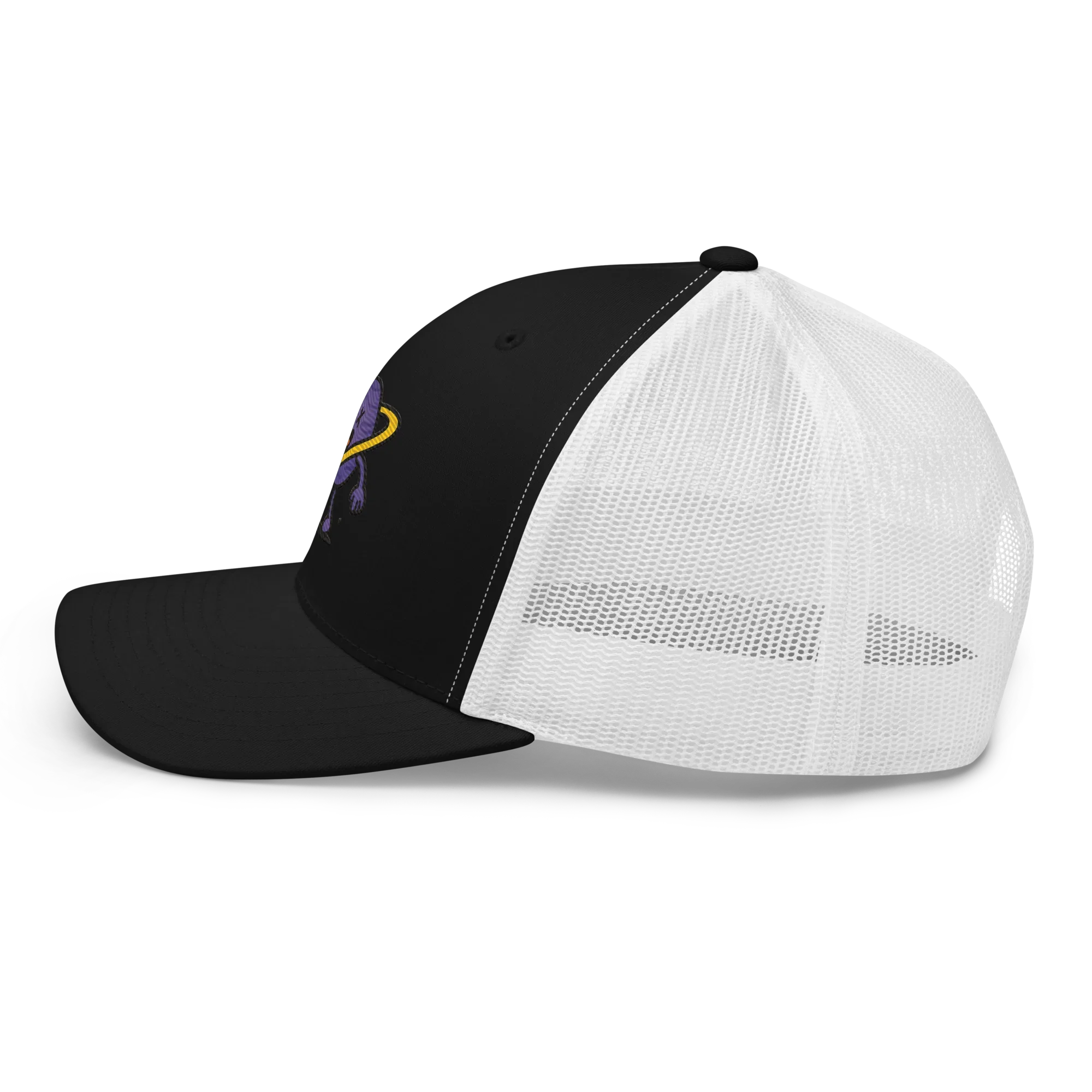 Gorra trucker retro Doozy Headwear negra y blanca con malla lateral y logo bordado
