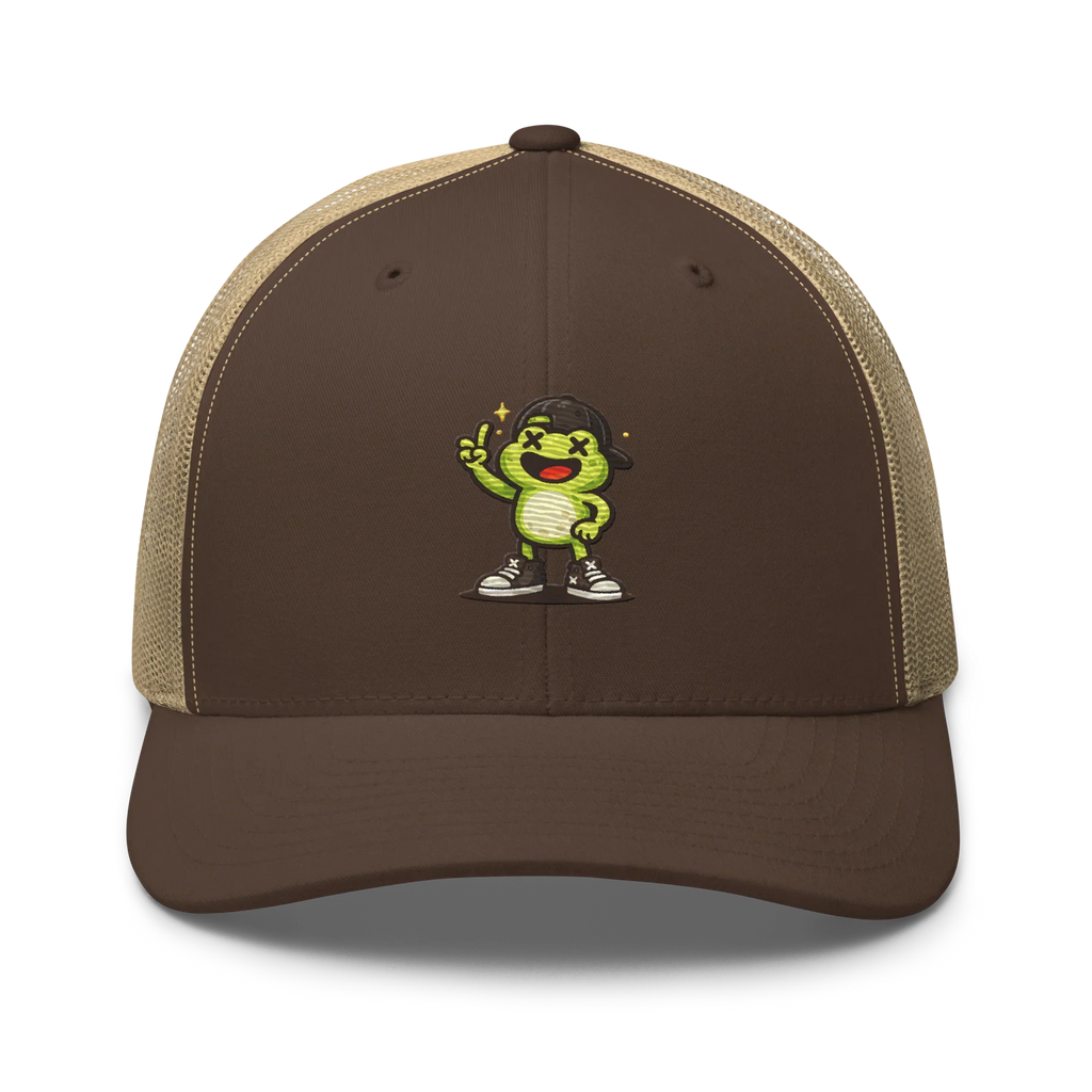 Gorra retro trucker marrón y caqui Doozy Headwear con dibujo de personaje verde alegre