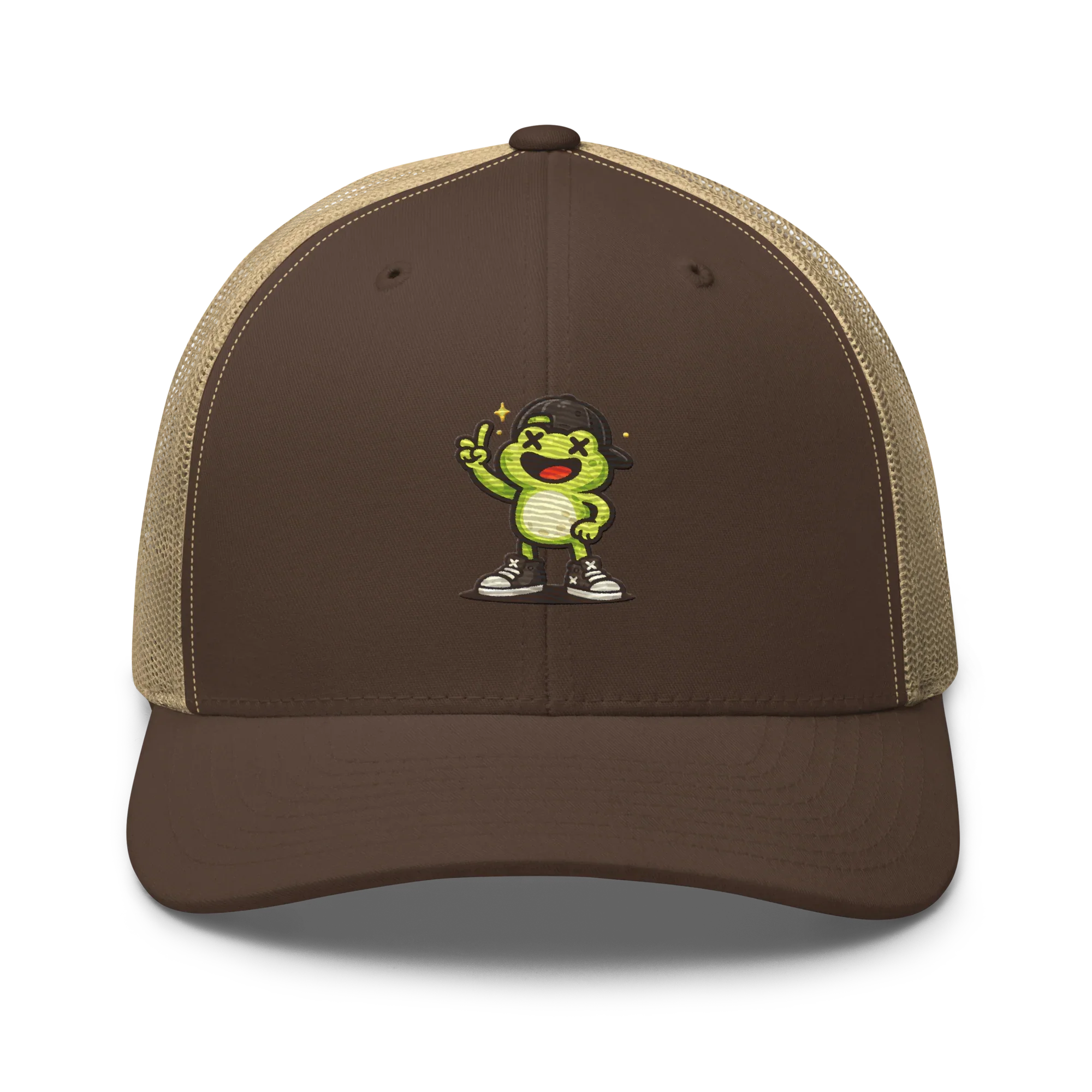 Gorra retro trucker marrón y caqui Doozy Headwear con dibujo de personaje verde alegre