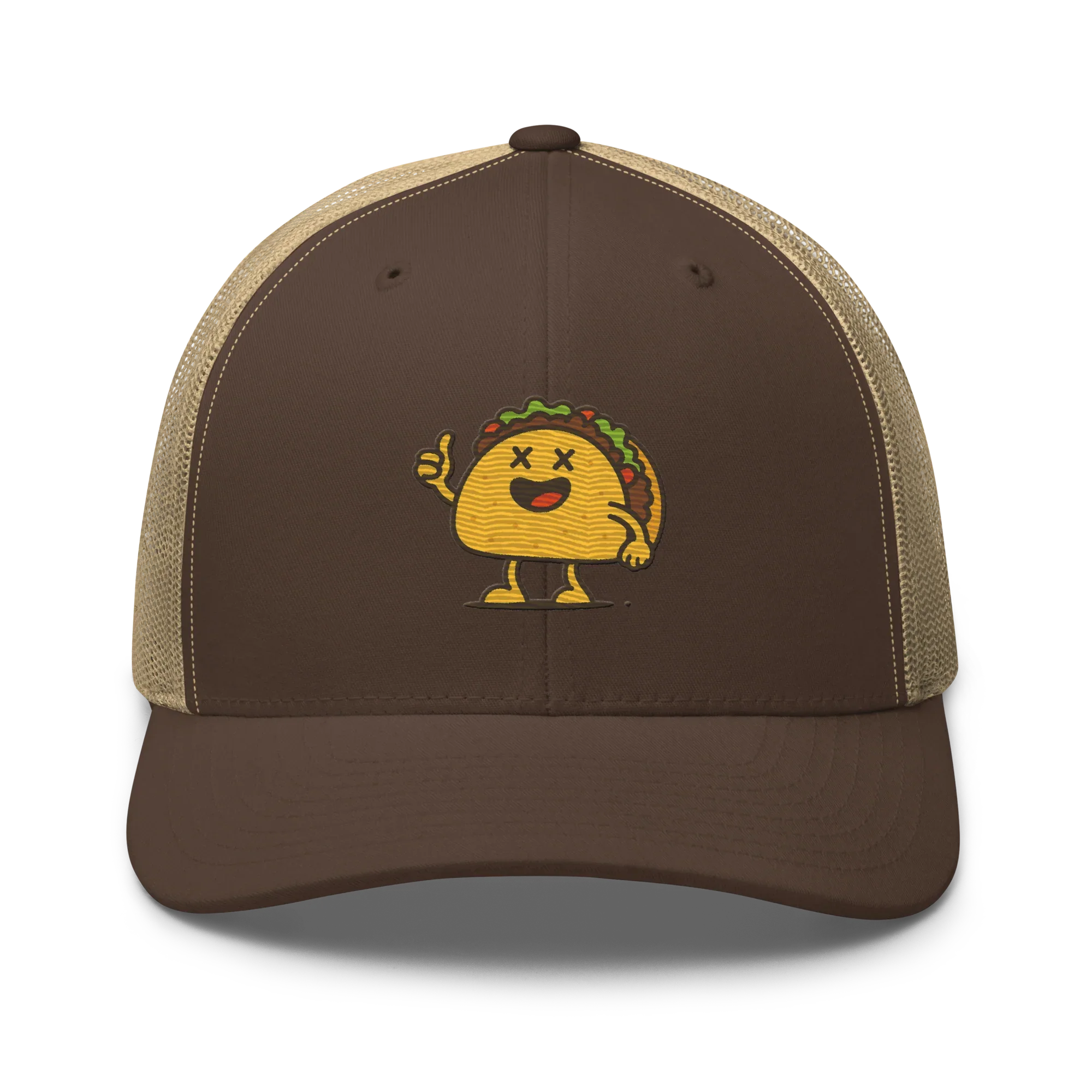 Gorra trucker retro marrón caqui Doozy Headwear con dibujo de taco sonriente al frente.